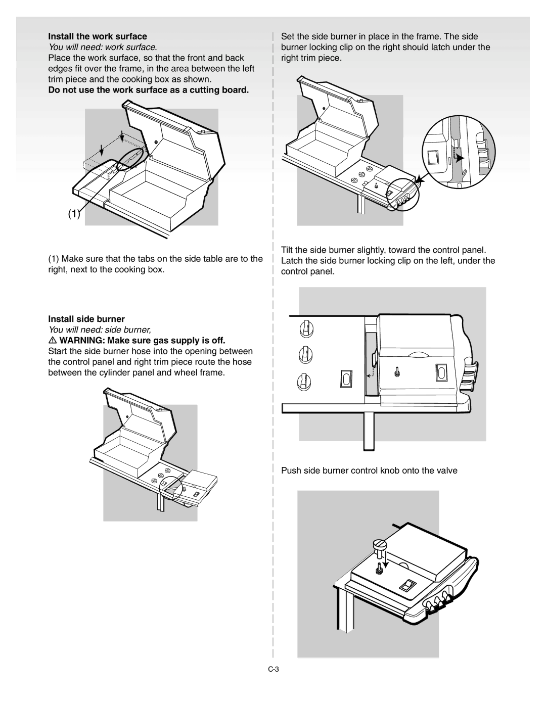 Weber Silver C manual Install the work surface, Install side burner 