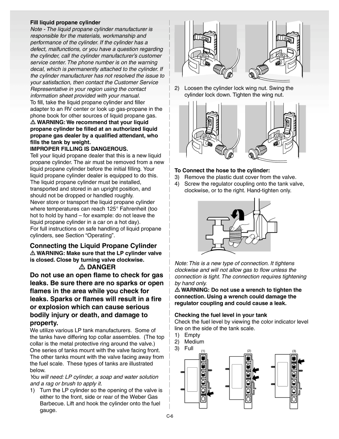 Weber Silver C Fill liquid propane cylinder, To Connect the hose to the cylinder, Checking the fuel level in your tank 