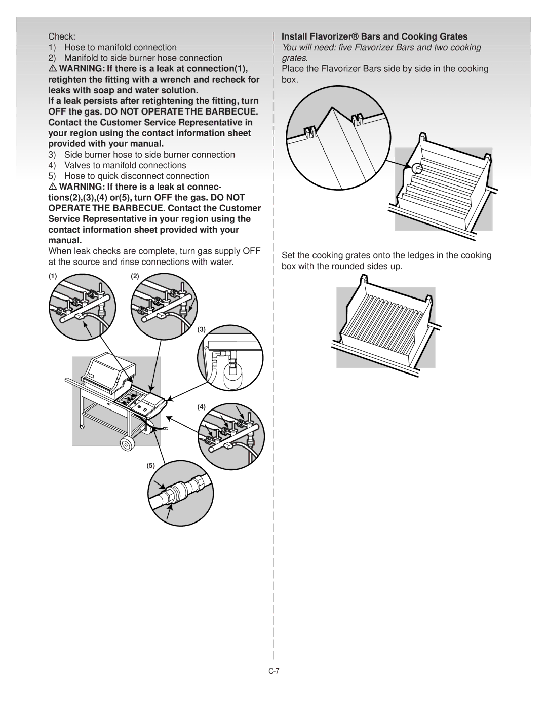 Weber Silver-C manual Install Flavorizer Bars and Cooking Grates, Retighten the fitting with a wrench and recheck for 