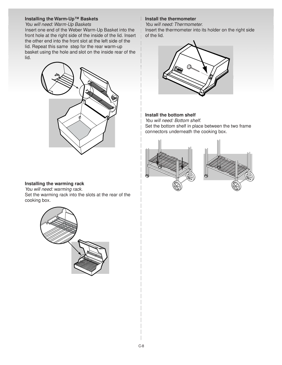 Weber Silver-C manual Install the bottom shelf, Installing the warming rack 