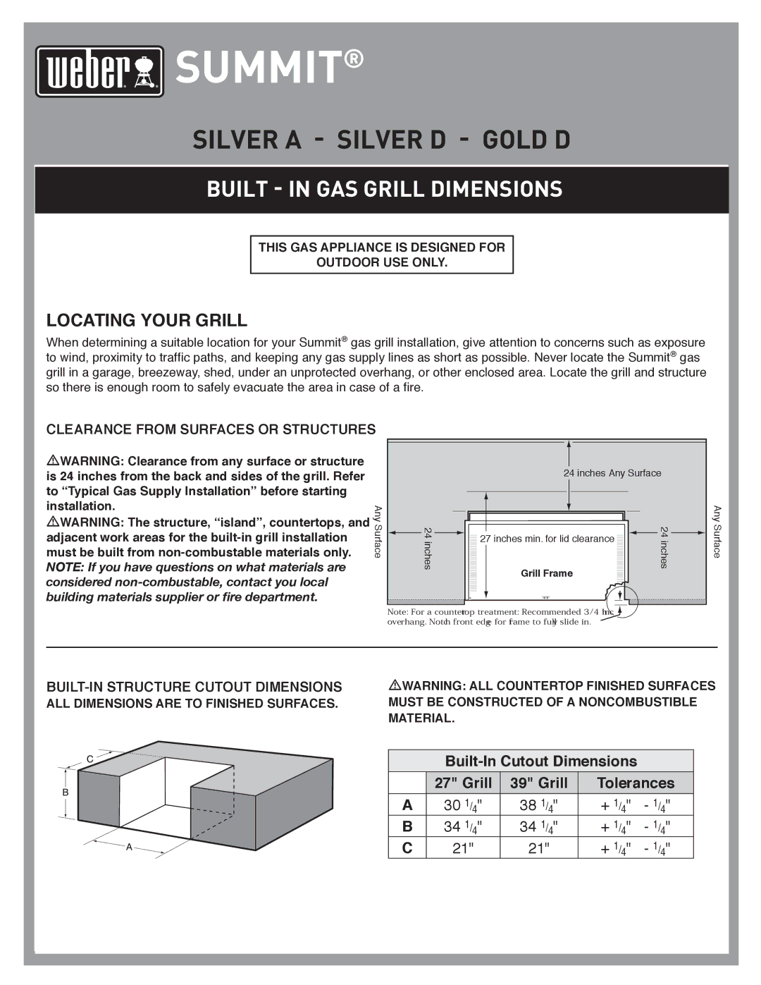 Weber GOLD D dimensions Built in GAS Grill Dimensions, Locating Your Grill, Clearance from Surfaces or Structures 