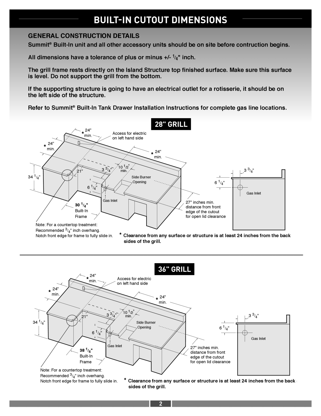 Weber SILVER A, SILVER D, GOLD D dimensions BUILT-IN Cutout Dimensions, General Construction Details 