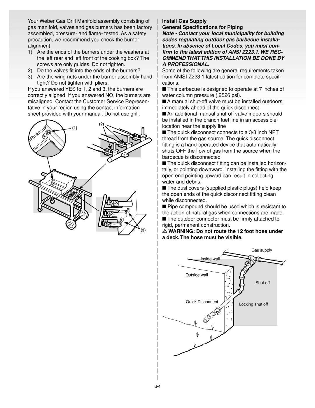 Weber 55054 0100, SILVERC GENESIS Gas Grill manual Install Gas Supply General Specifications for Piping 