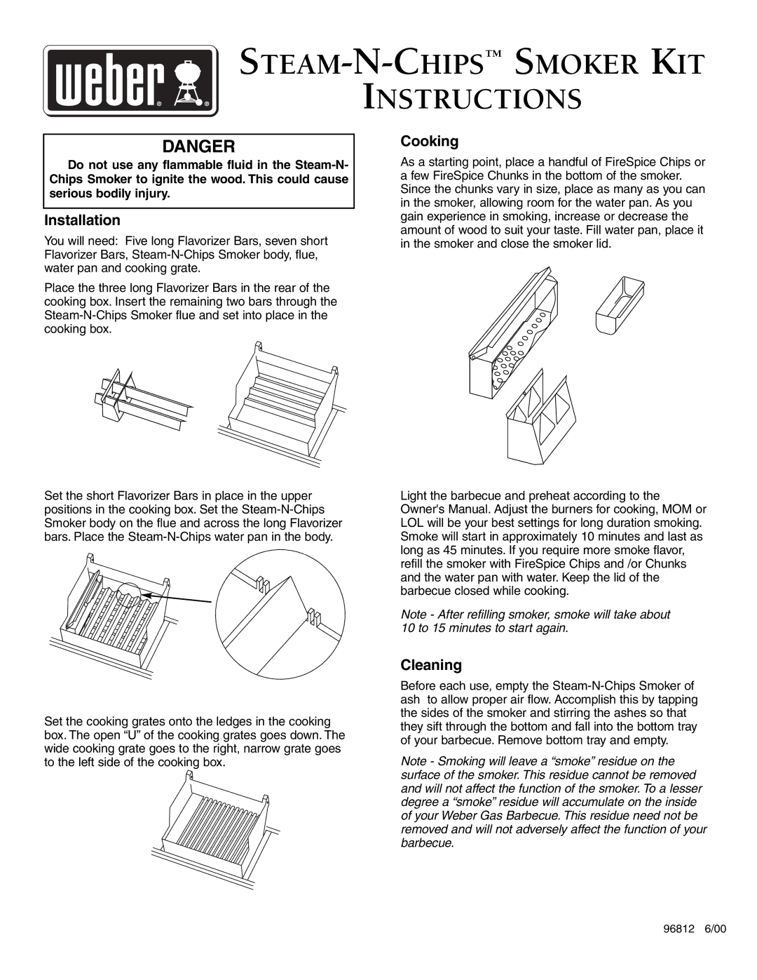 Weber Smoker owner manual STEAM-N-CHIPSSMOKER KIT Instructions, Installation, Cooking, Cleaning 