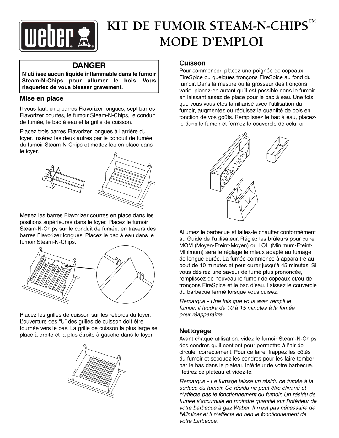 Weber Smoker owner manual KIT DE Fumoir STEAM-N-CHIPS Mode D’EMPLOI, Mise en place, Cuisson, Nettoyage 