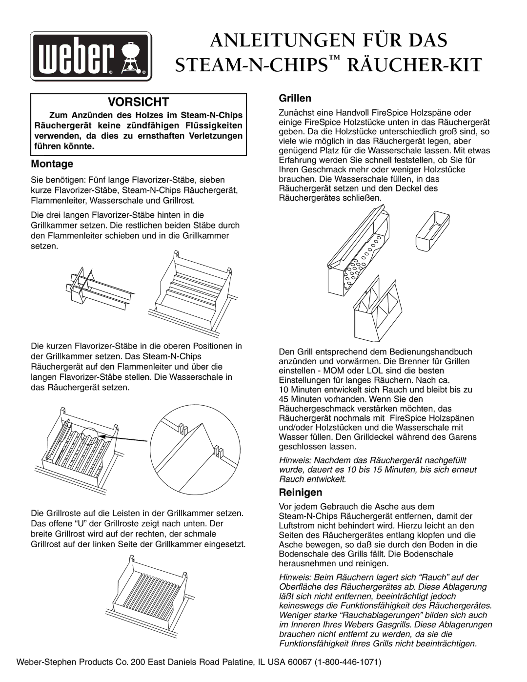 Weber Smoker owner manual Anleitungen FÜR DAS STEAM-N-CHIPSRÄUCHER-KIT, Vorsicht, Montage, Grillen, Reinigen 