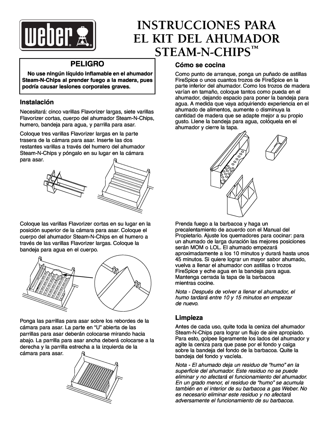 Weber Smoker Peligro, Instalación, Cómo se cocina, Limpieza, Instrucciones Para El Kit Del Ahumador Steam-N-Chips 