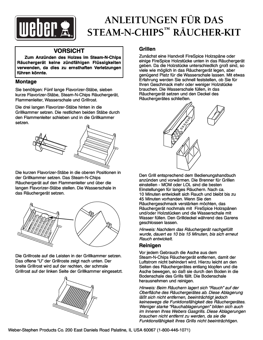 Weber Smoker owner manual Anleitungen Für Das Steam-N-Chips Räucher-Kit, Vorsicht, Montage, Grillen, Reinigen 