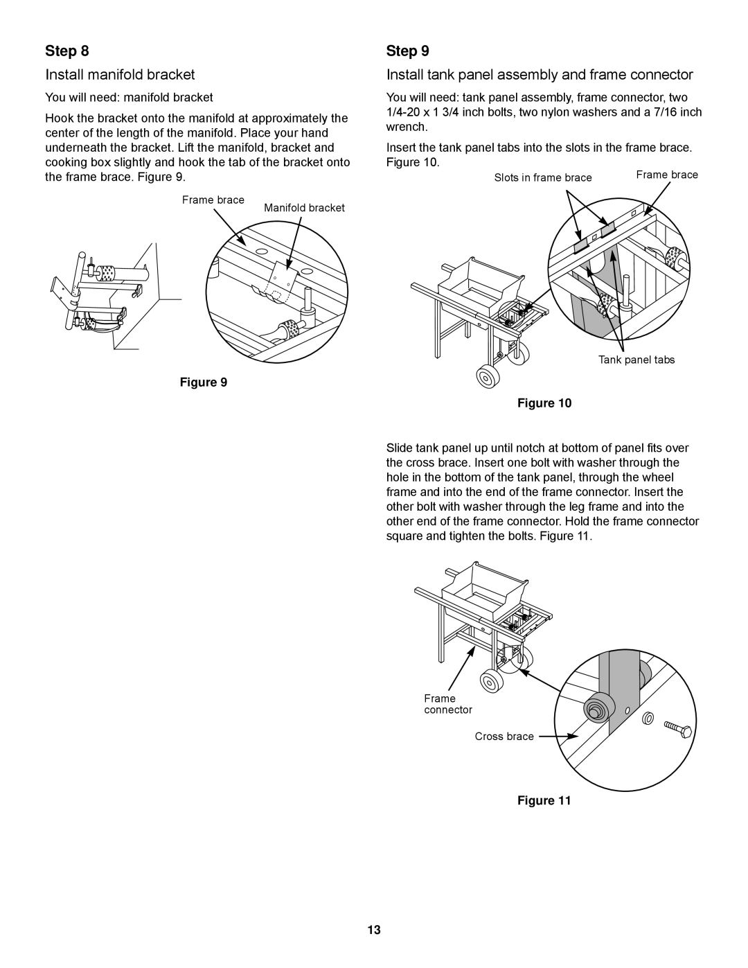 Weber Spirit 500 series owner manual Install manifold bracket, Install tank panel assembly and frame connector 