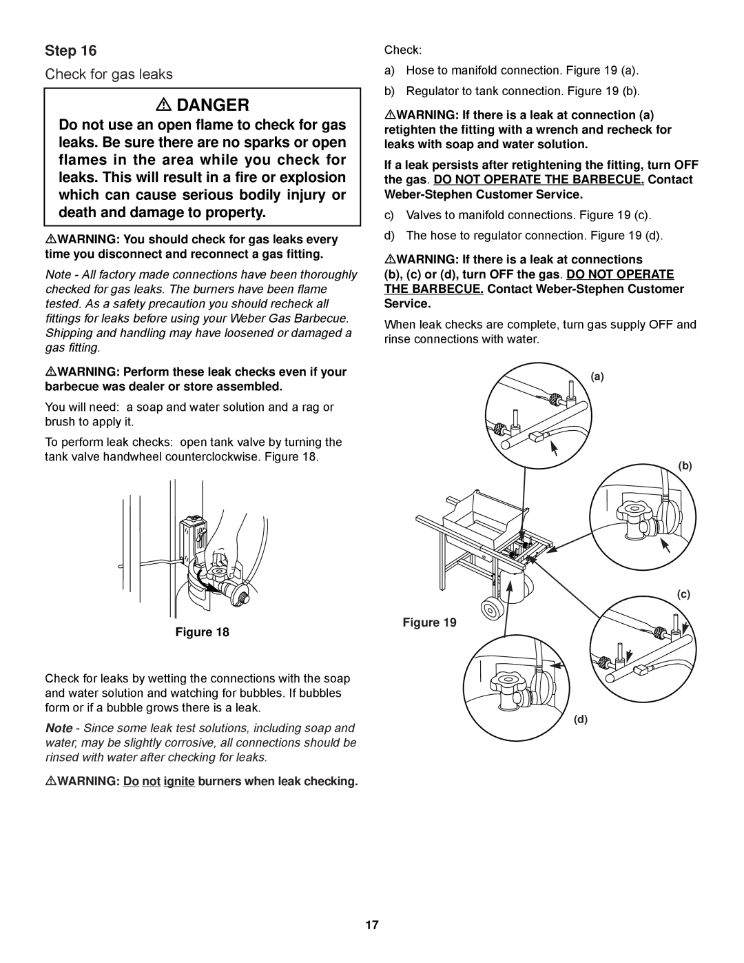 Weber Spirit 500 series owner manual Check for gas leaks, MWARNING Do not ignite burners when leak checking 