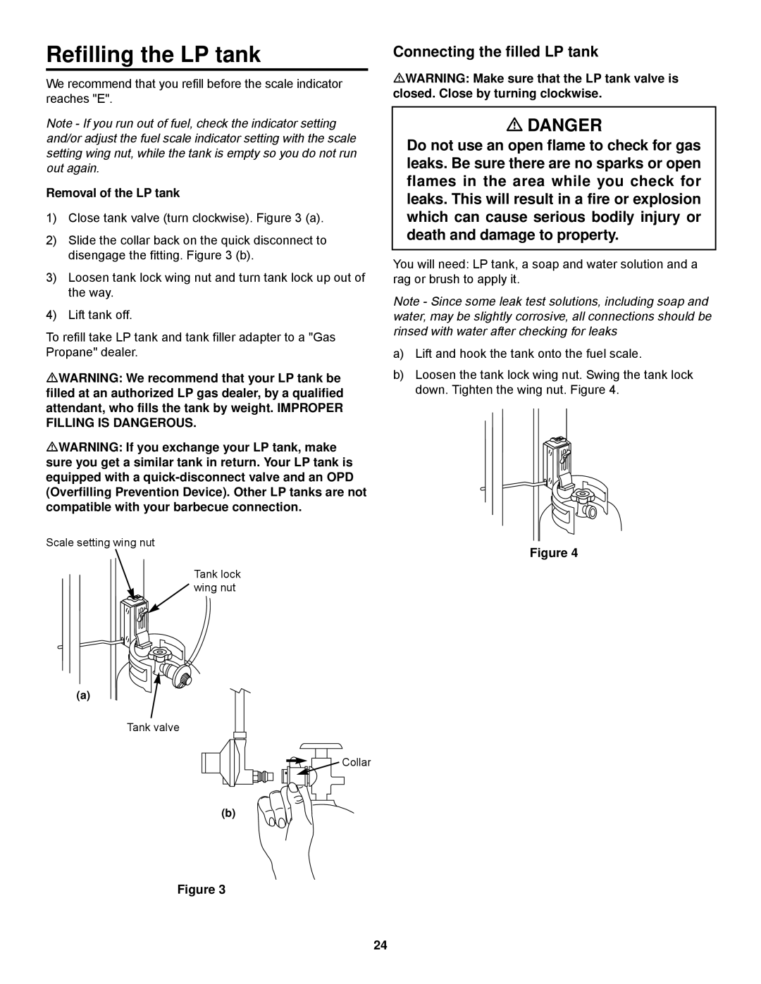 Weber Spirit 500 series owner manual Refilling the LP tank, Connecting the filled LP tank, Removal of the LP tank 