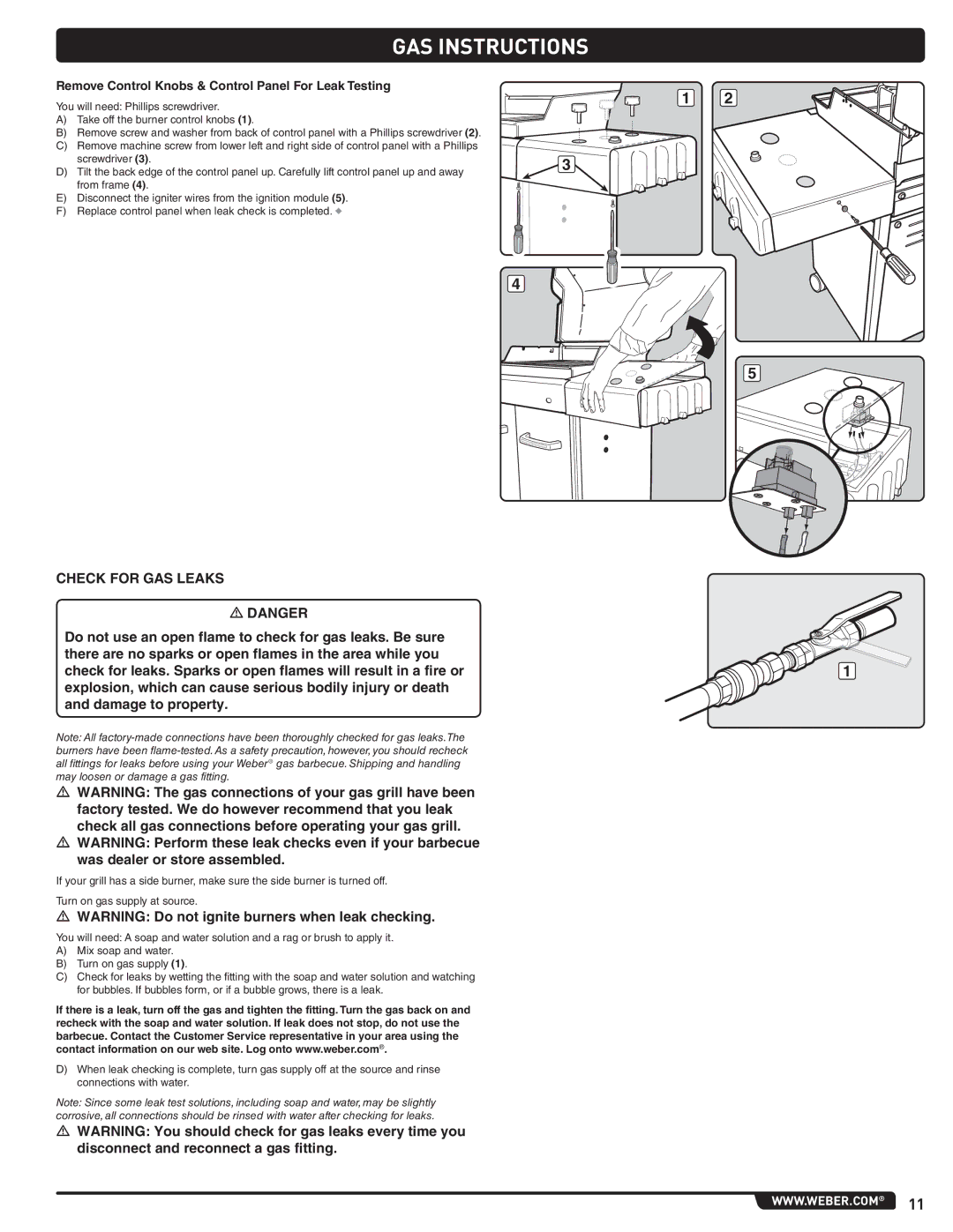 Weber 54265, Spirit Natural Gas Grill manual Check for GAS Leaks, Remove Control Knobs & Control Panel For Leak Testing 