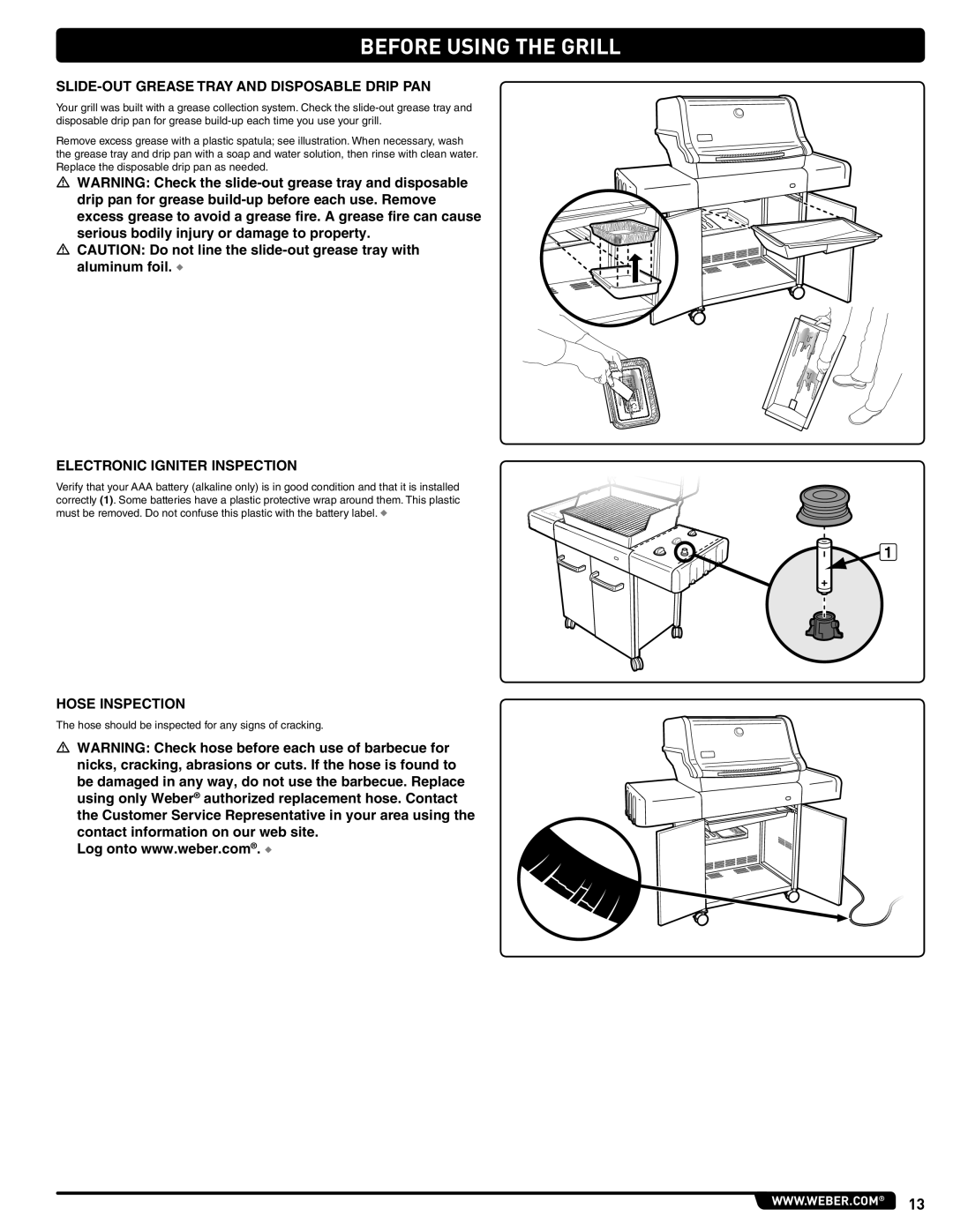 Weber 54265 manual Before Using the Grill, SLIDE-OUT Grease Tray and Disposable Drip PAN, Electronic Igniter Inspection 