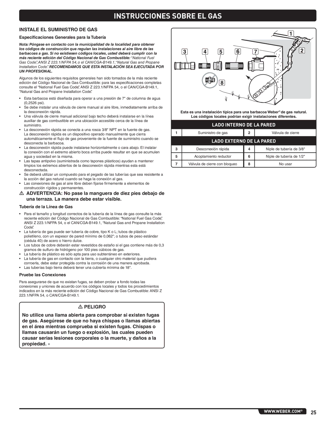 Weber 54265 manual Instrucciones Sobre EL GAS, Instale EL Suministro DE GAS, Especificaciones Generales para la Tubería 