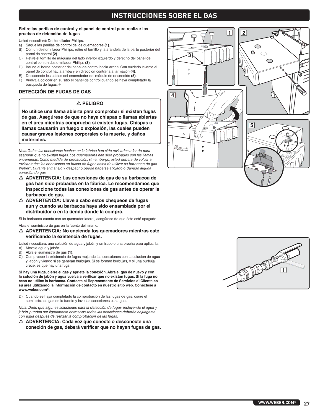 Weber 54265, Spirit Natural Gas Grill manual Detección DE Fugas DE GAS 