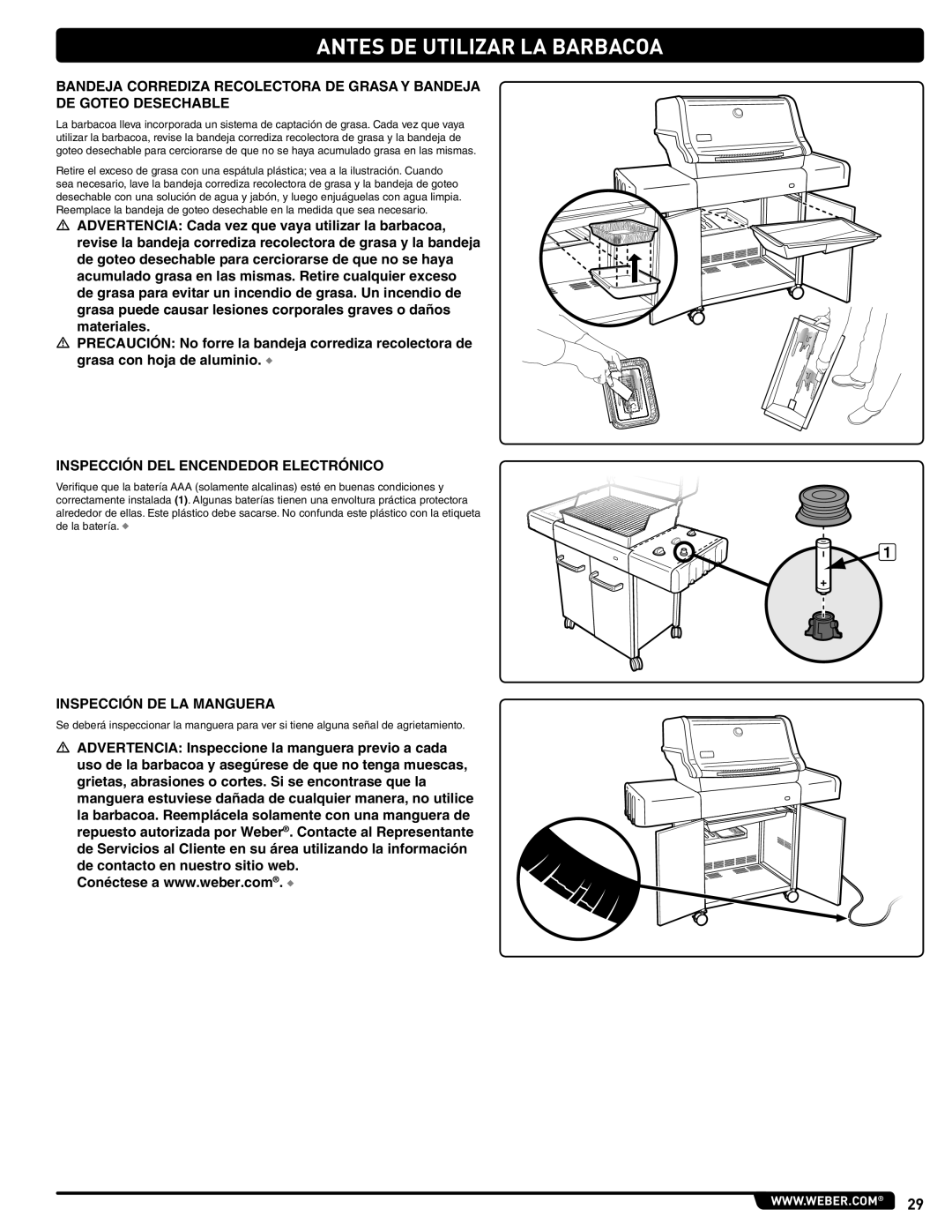 Weber 54265 manual Antes DE Utilizar LA Barbacoa, Bandeja Corrediza RECOLECTORa DE GRAsa Y Bandeja, DE Goteo Desechable 