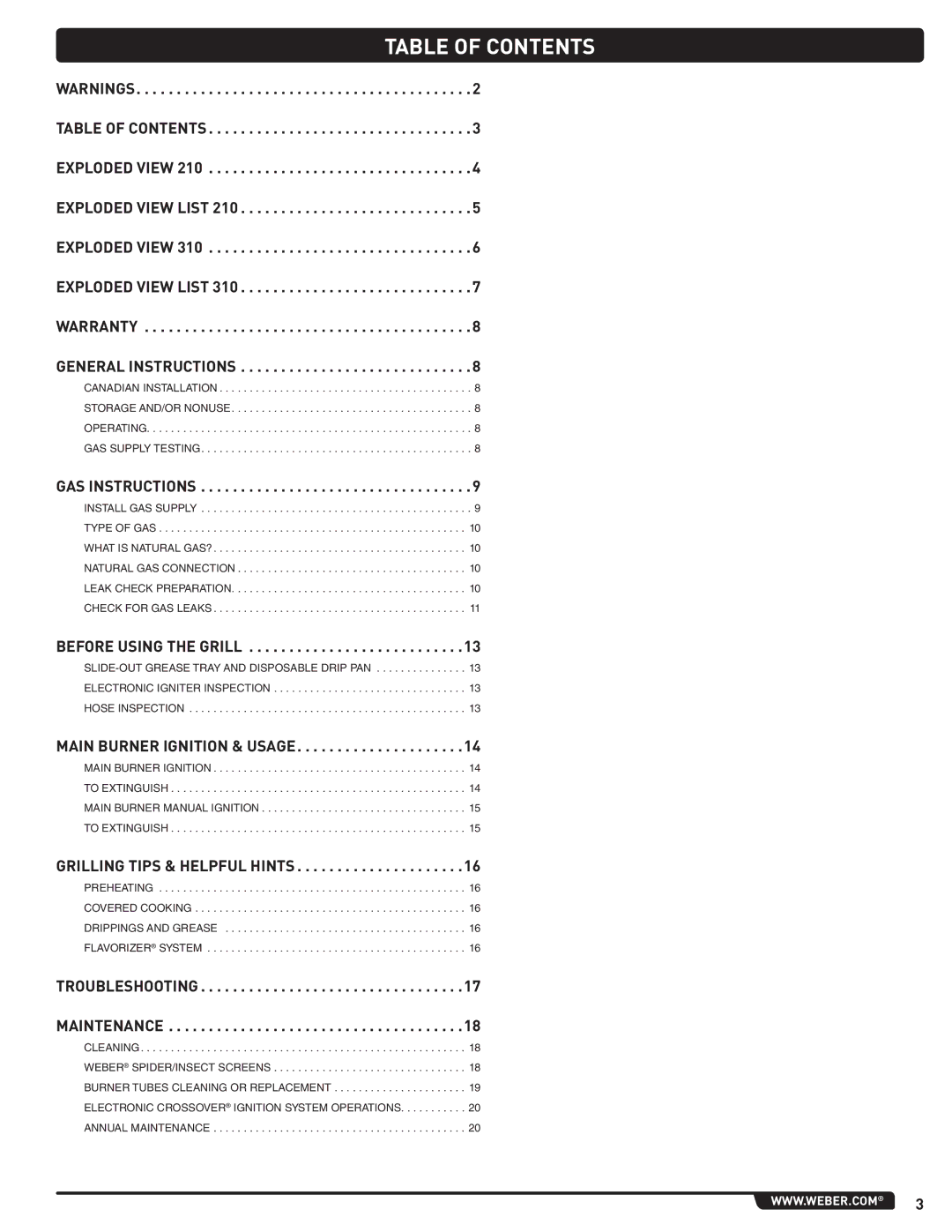 Weber 54265, Spirit Natural Gas Grill manual Table of Contents 