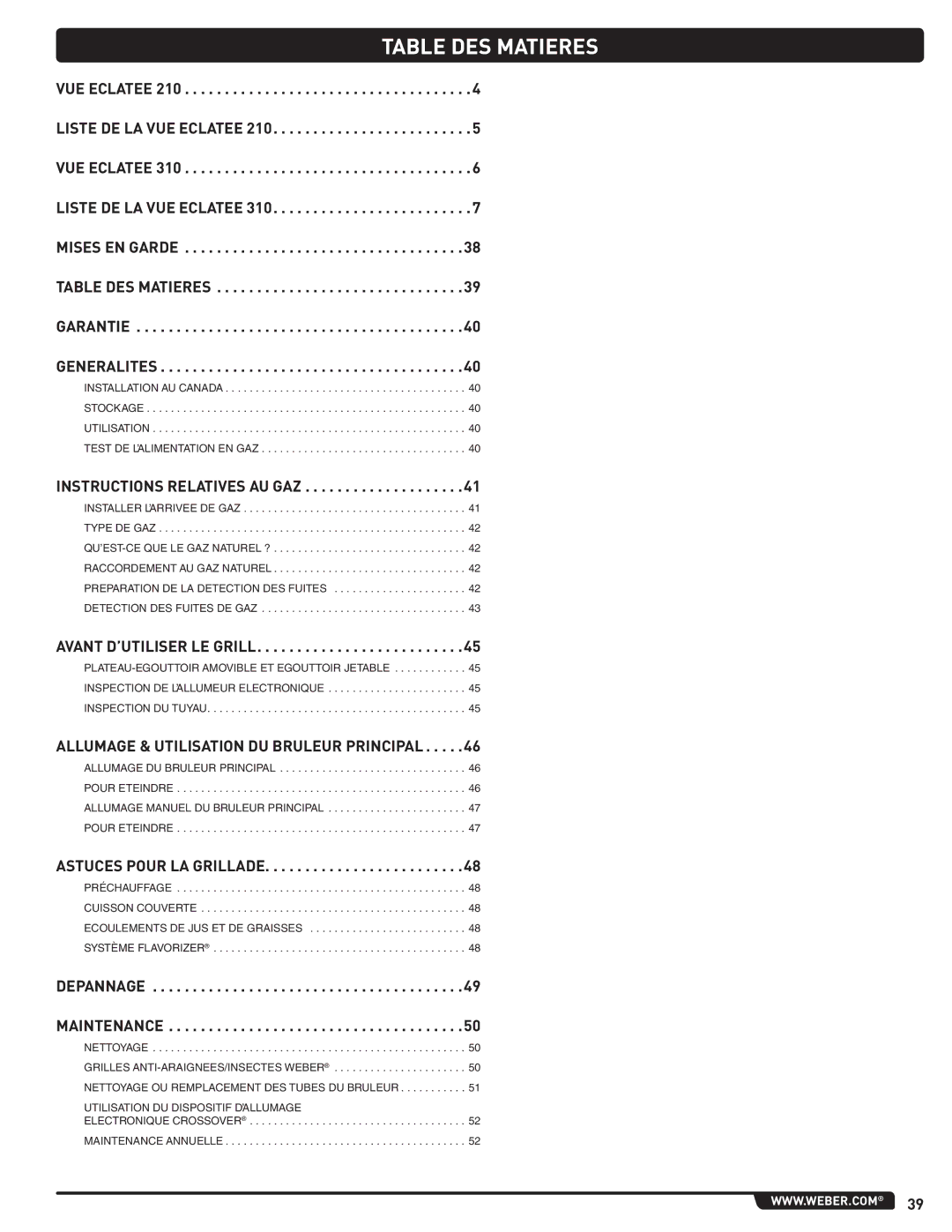 Weber 54265, Spirit Natural Gas Grill manual Table DES Matieres, Instructions Relatives AU GAZ 