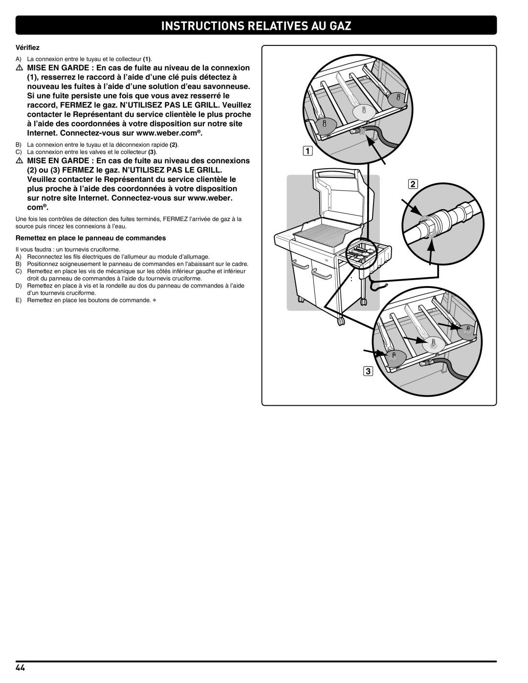 Weber Spirit Natural Gas Grill, 54265 manual Vérifiez, Remettez en place le panneau de commandes 