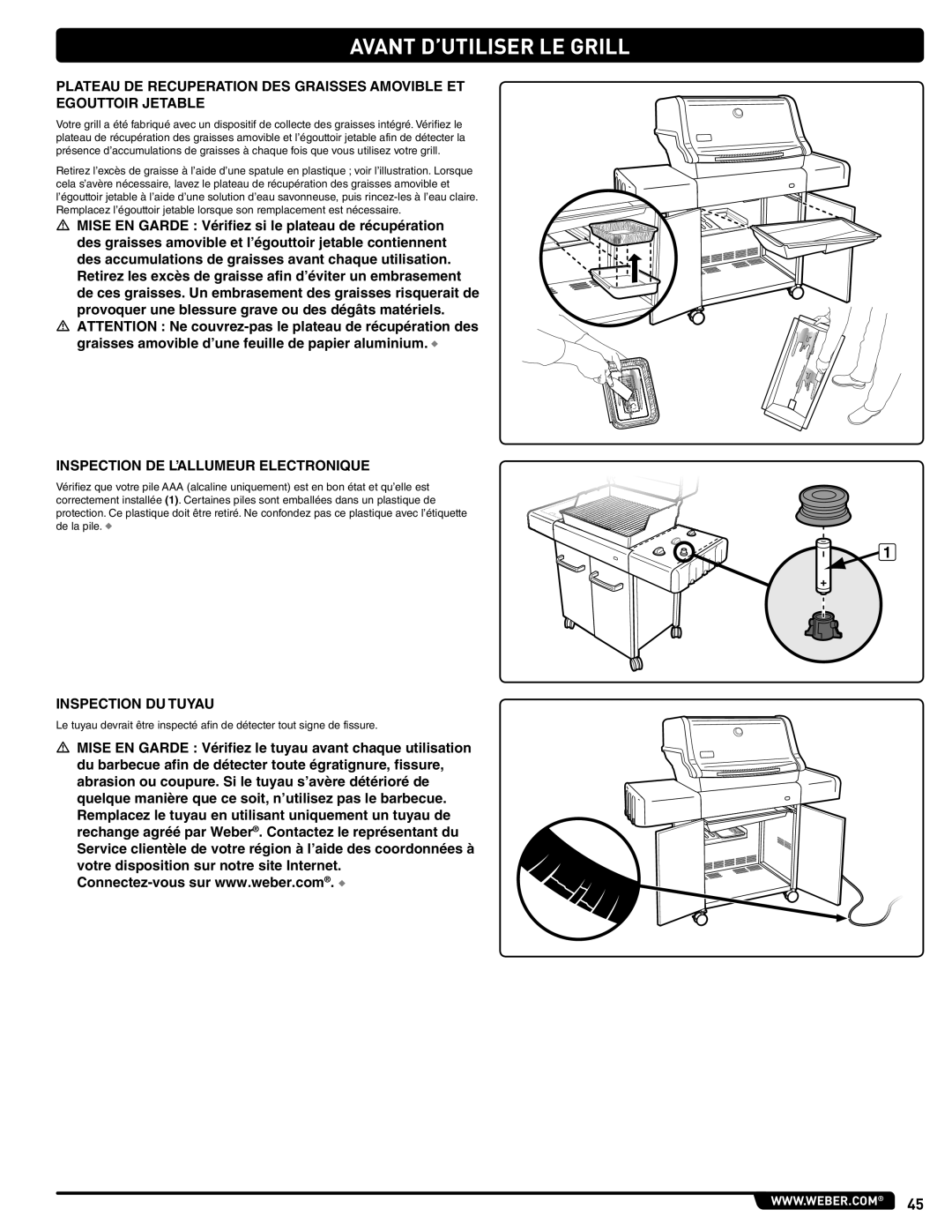 Weber 54265 manual Avant D’UTILISER LE Grill, Inspection DE L’ALLUMEUR Electronique, Inspection DU Tuyau 