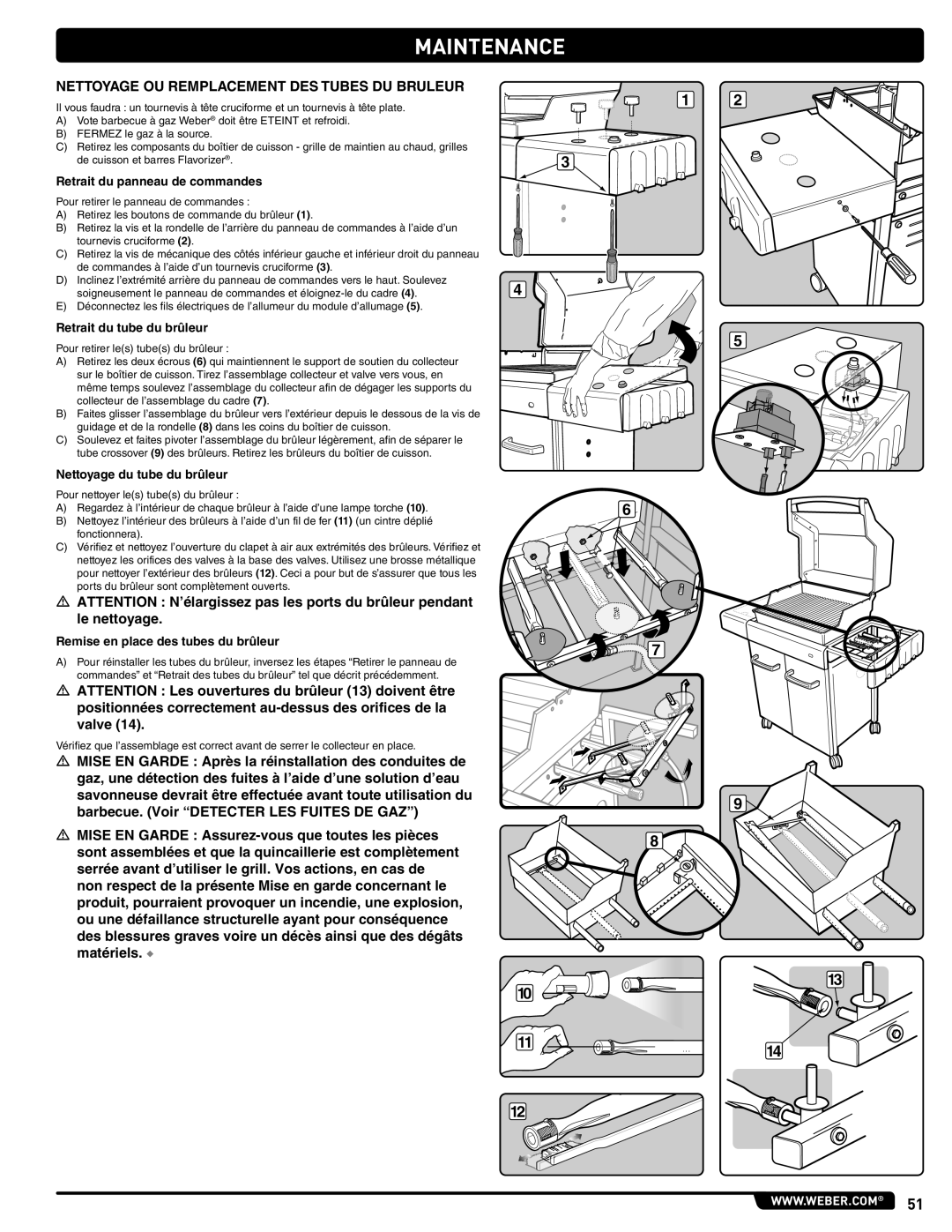 Weber 54265 Nettoyage OU Remplacement DES Tubes DU BRuleur, Retrait du panneau de commandes, Retrait du tube du brûleur 