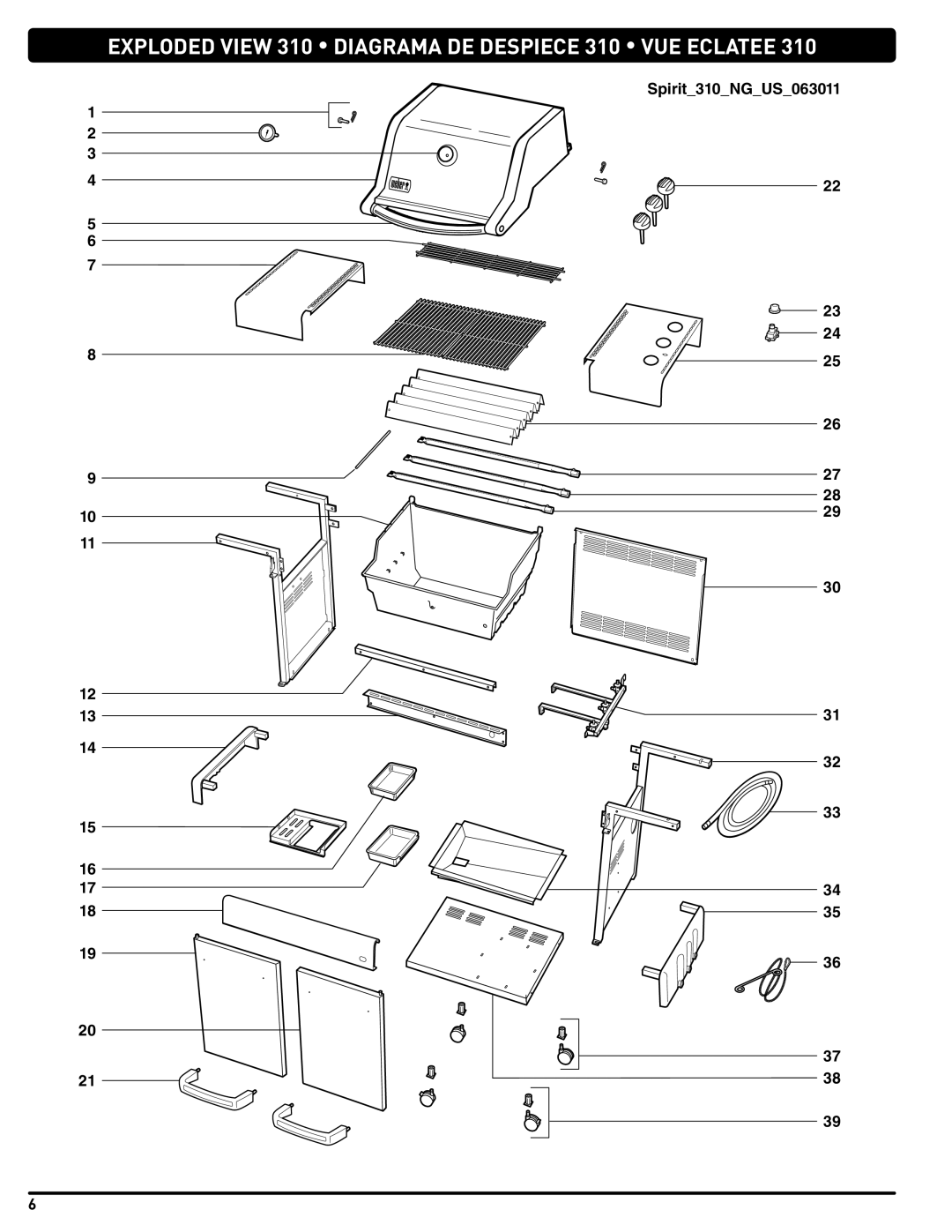 Weber Spirit Natural Gas Grill, 54265 manual Exploded View 310 Diagrama DE Despiece 310 VUE Eclatee 