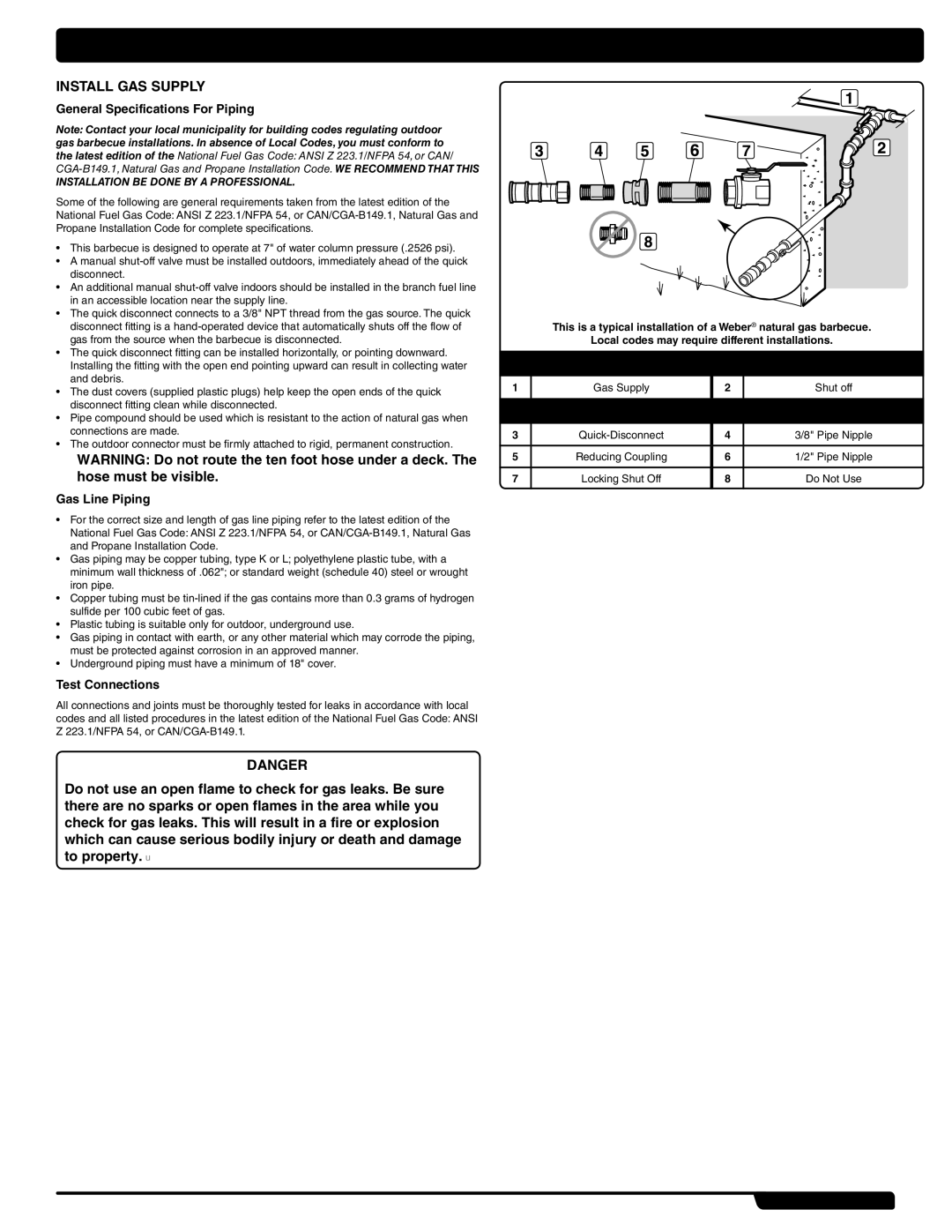 Weber 54265 GAS Instructions, Install GAS Supply, General Specifications For Piping, Gas Line Piping, Test Connections 