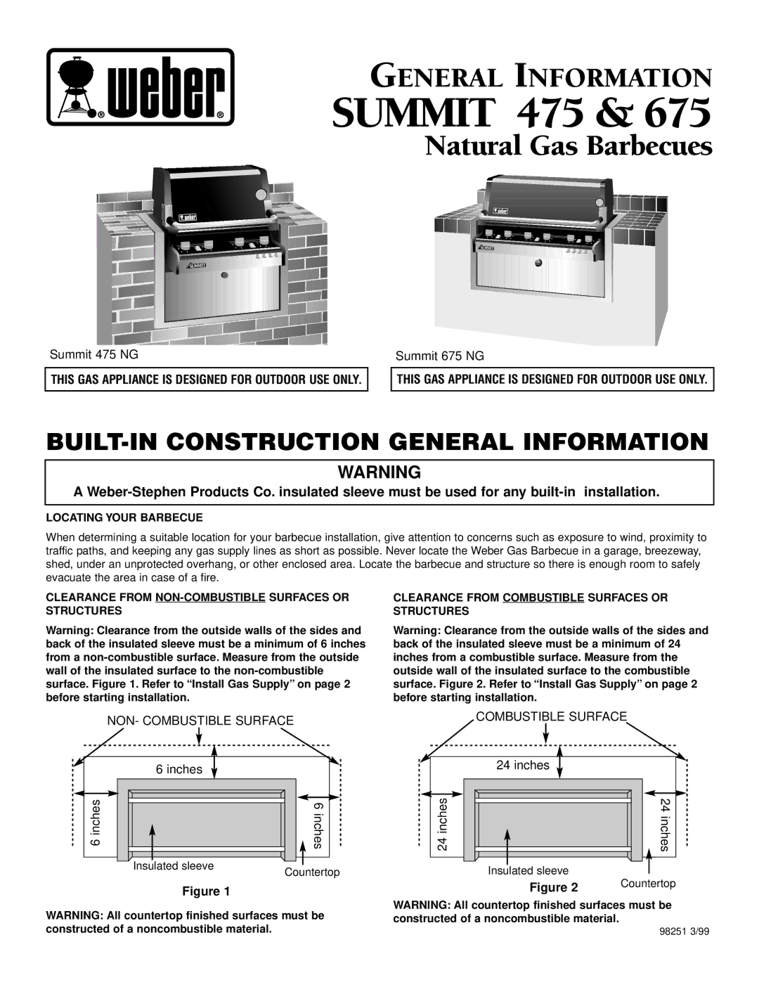 Weber manual Natural Gas Barbecues, Summit 475 NG, Summit 675 NG, Inches 
