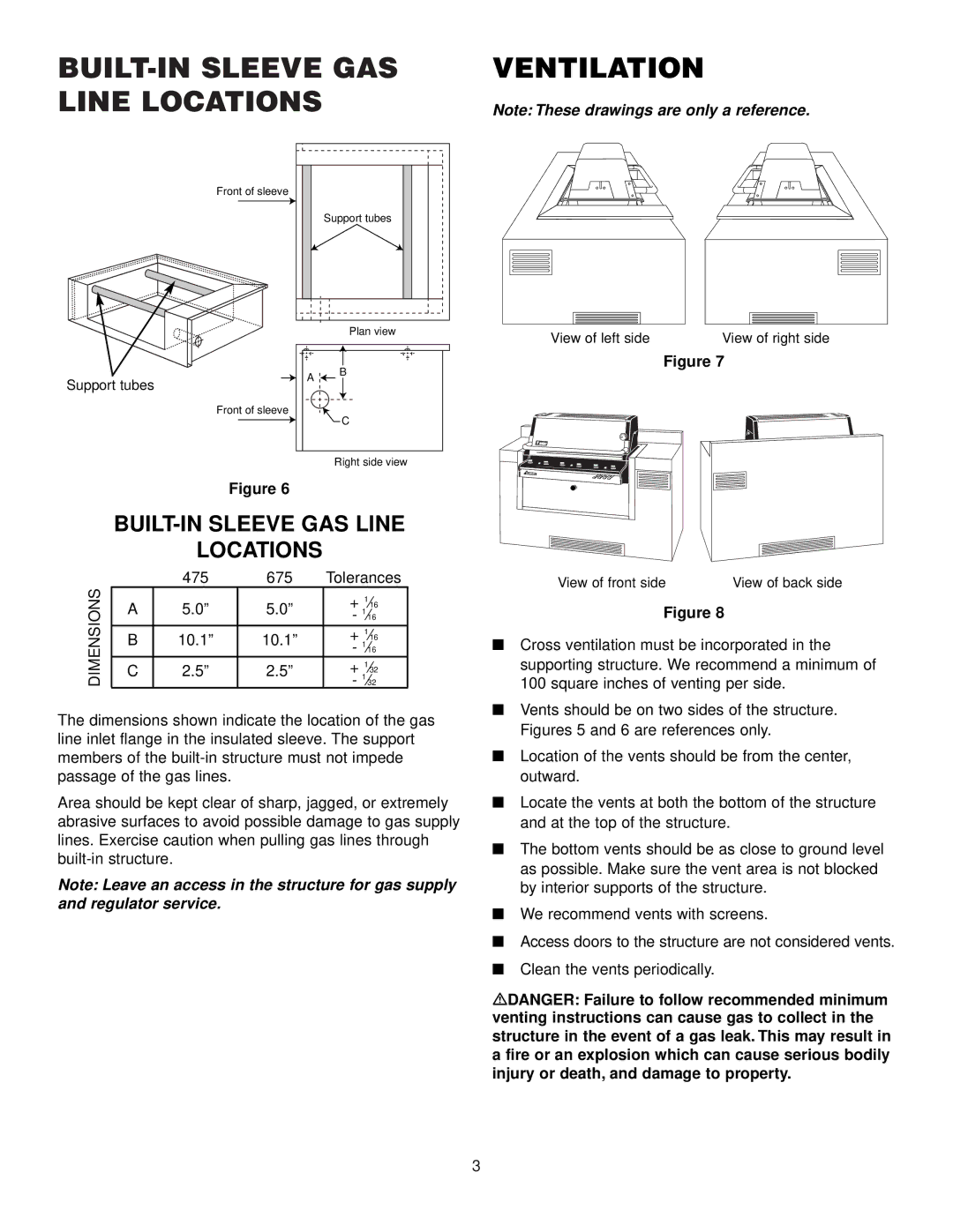 Weber Summit 675 BUILT-IN Sleeve GAS Ventilation Line Locations, BUILT-IN Sleeve GAS Line Locations, 475 675 Tolerances 