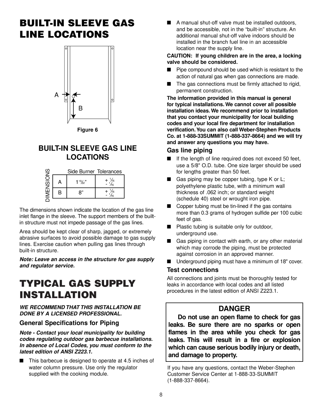 Weber Natural Gas Barbecues, Summit 675, Summit 475 manual BUILT-IN Sleeve GAS Line Locations 