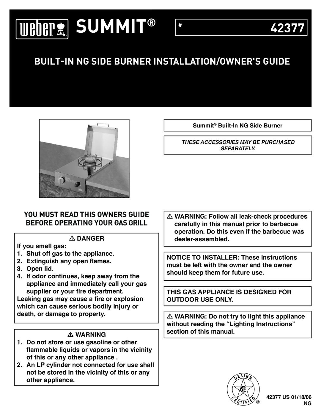 Weber Summit Built-In NG Side Burner, 42377 manual BUILT-IN NG Side Burner INSTALLATION/OWNERS Guide 