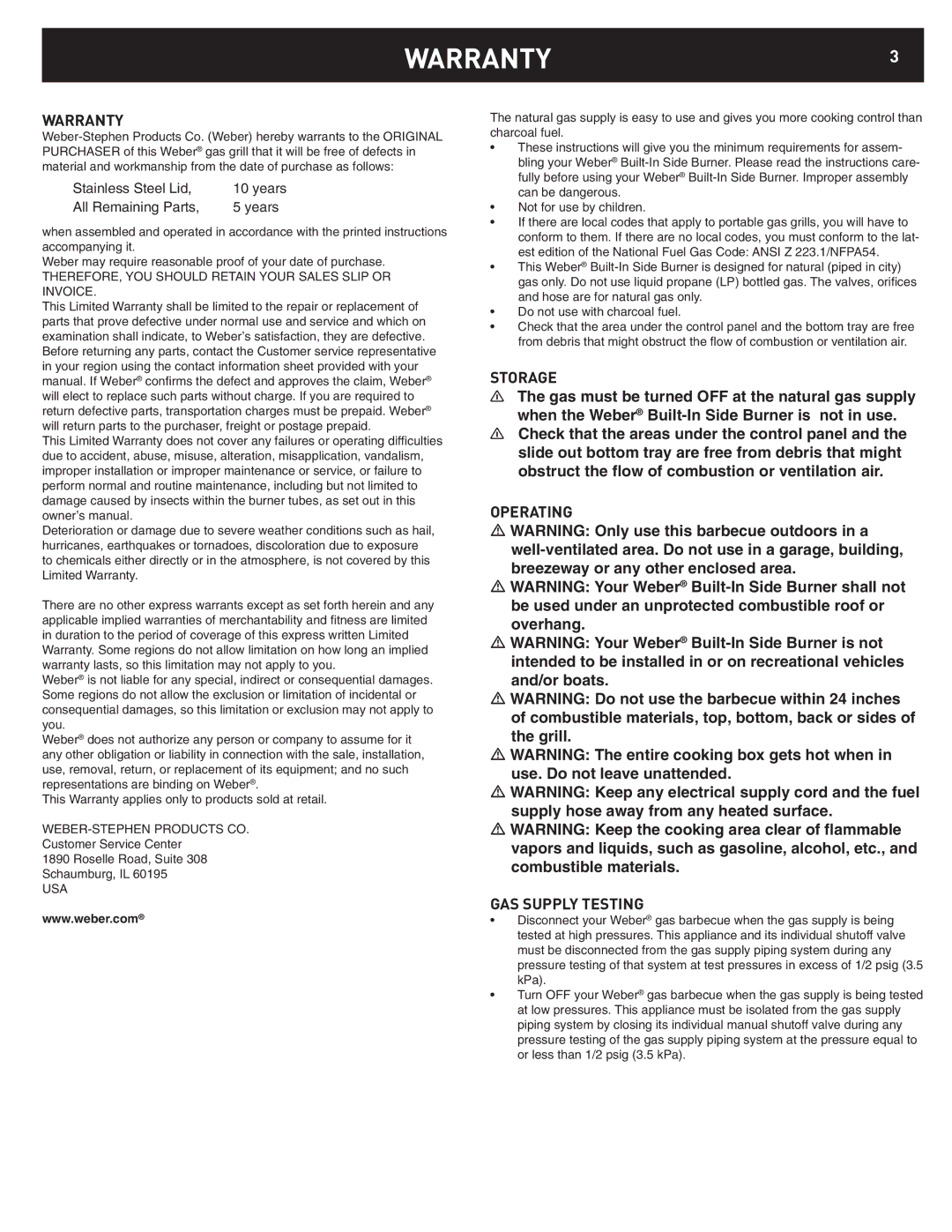 Weber Summit Built-In NG Side Burner, 42377 manual WARRANTY3, Warranty, Storage, Operating GAS Supply Testing 