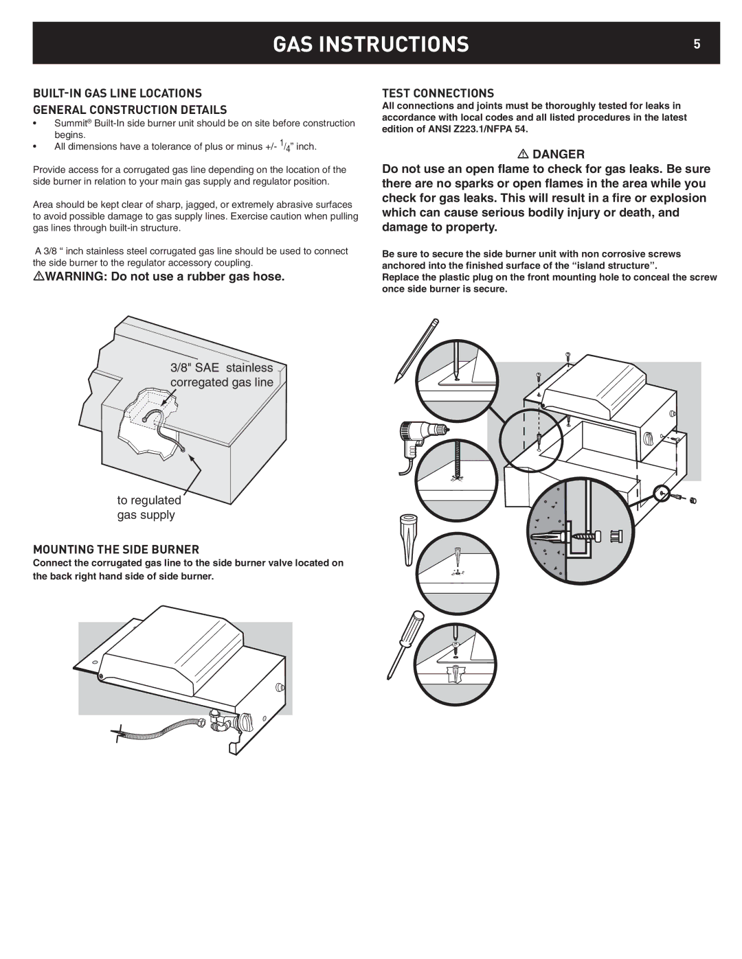 Weber Summit Built-In NG Side Burner, 42377 BUILT-IN GAS Line Locations General Construction Details, Test Connections 