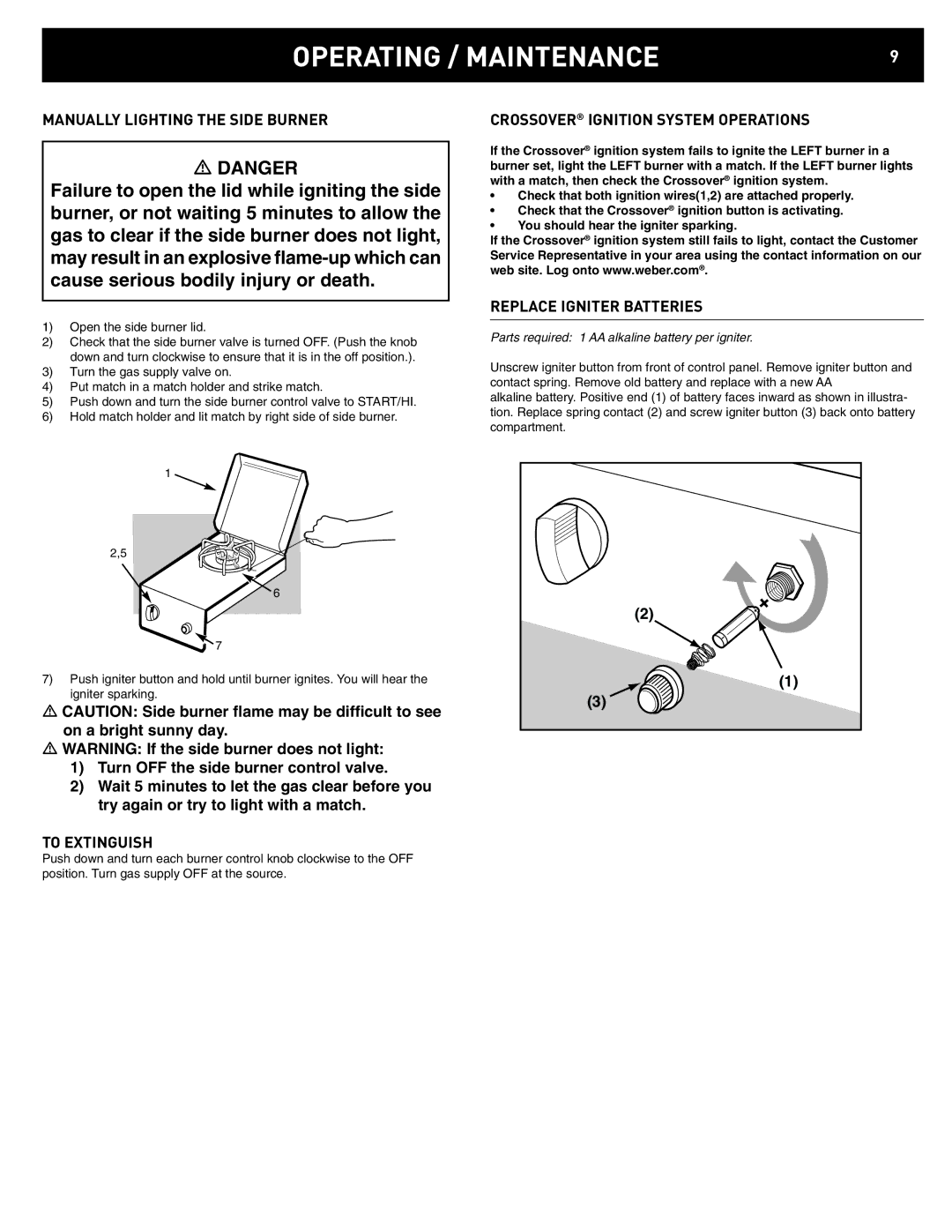 Weber Summit Built-In NG Side Burner, 42377 manual Operating / Maintenance, Manually Lighting the Side Burner, To Extinguish 
