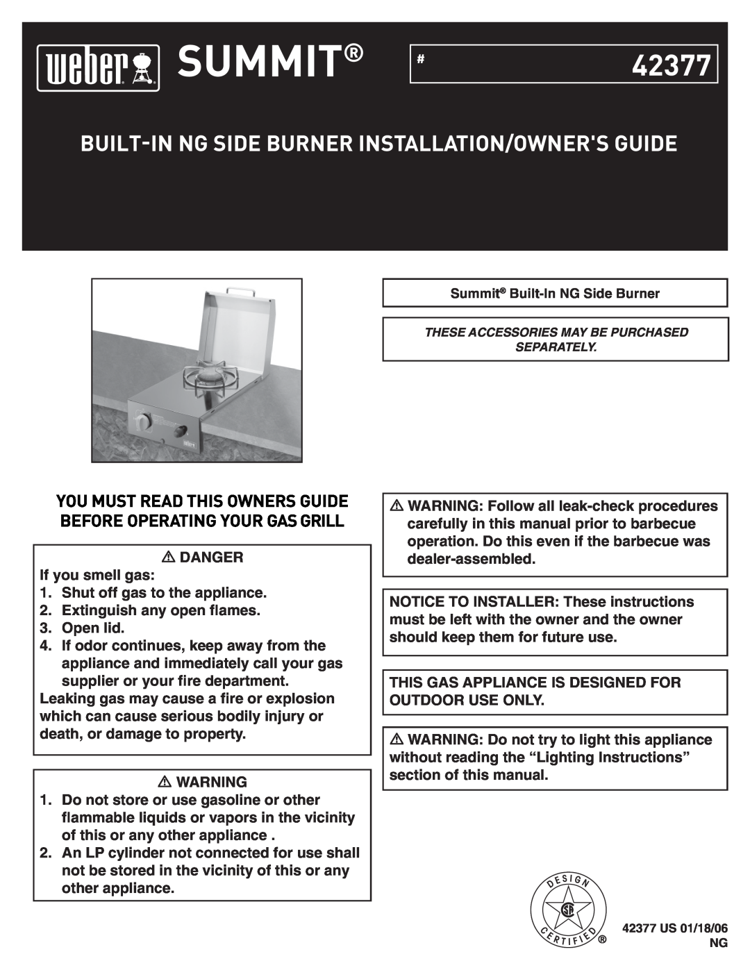 Weber manual Built-Inng Side Burner Installation/Owners Guide, DANGER If you smell gas, Summit, #42377 