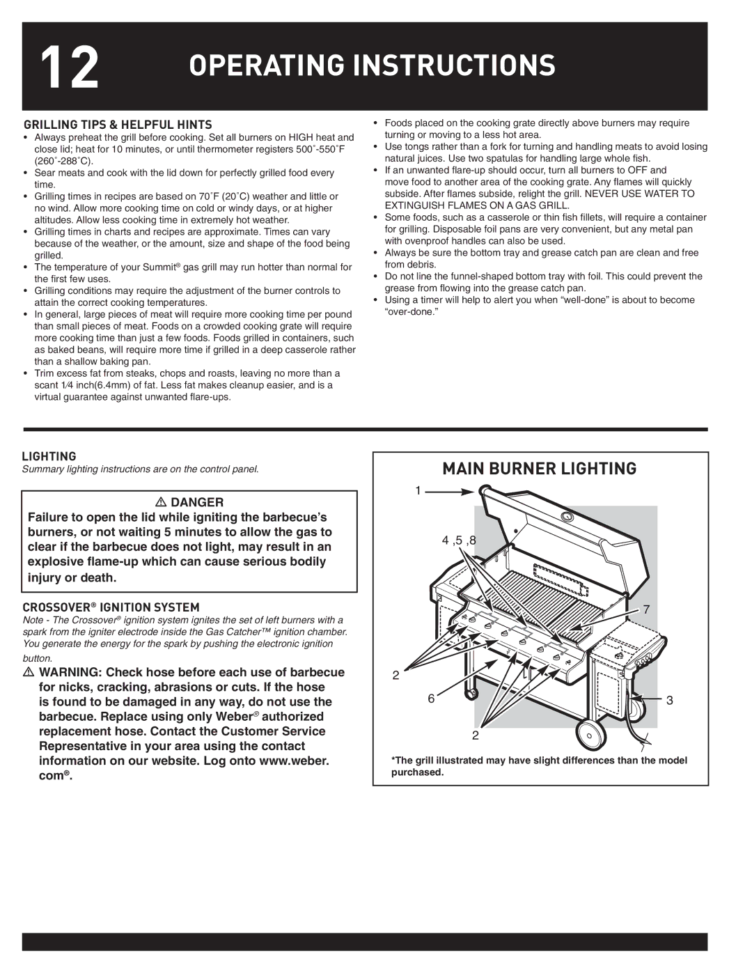 Weber Summit Gas Griill, 38050 manual Grilling Tips & Helpful Hints, Lighting, Crossover Ignition System 