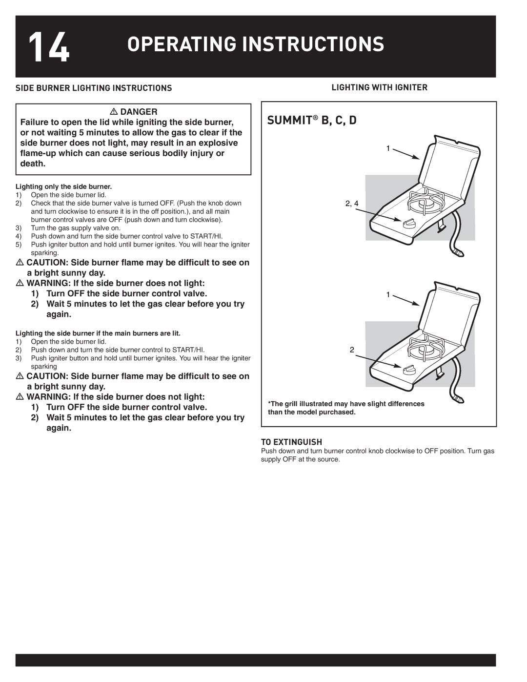 Weber Summit Gas Griill, 38050 Side Burner Lighting Instructions, Lighting with Igniter, Lighting only the side burner 