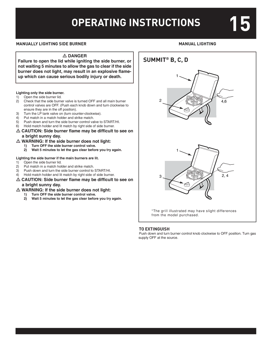 Weber 38050, Summit Gas Griill manual Summit B, Cc, D, Manually Lighting Side Burner Manual Lighting 