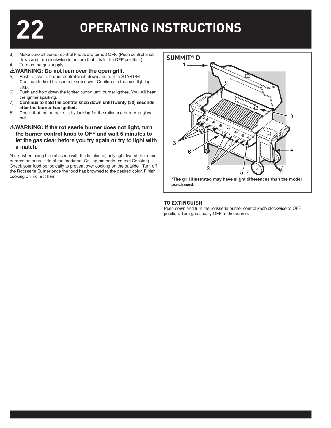 Weber Summit Gas Griill, 38050 manual To Extinguish 