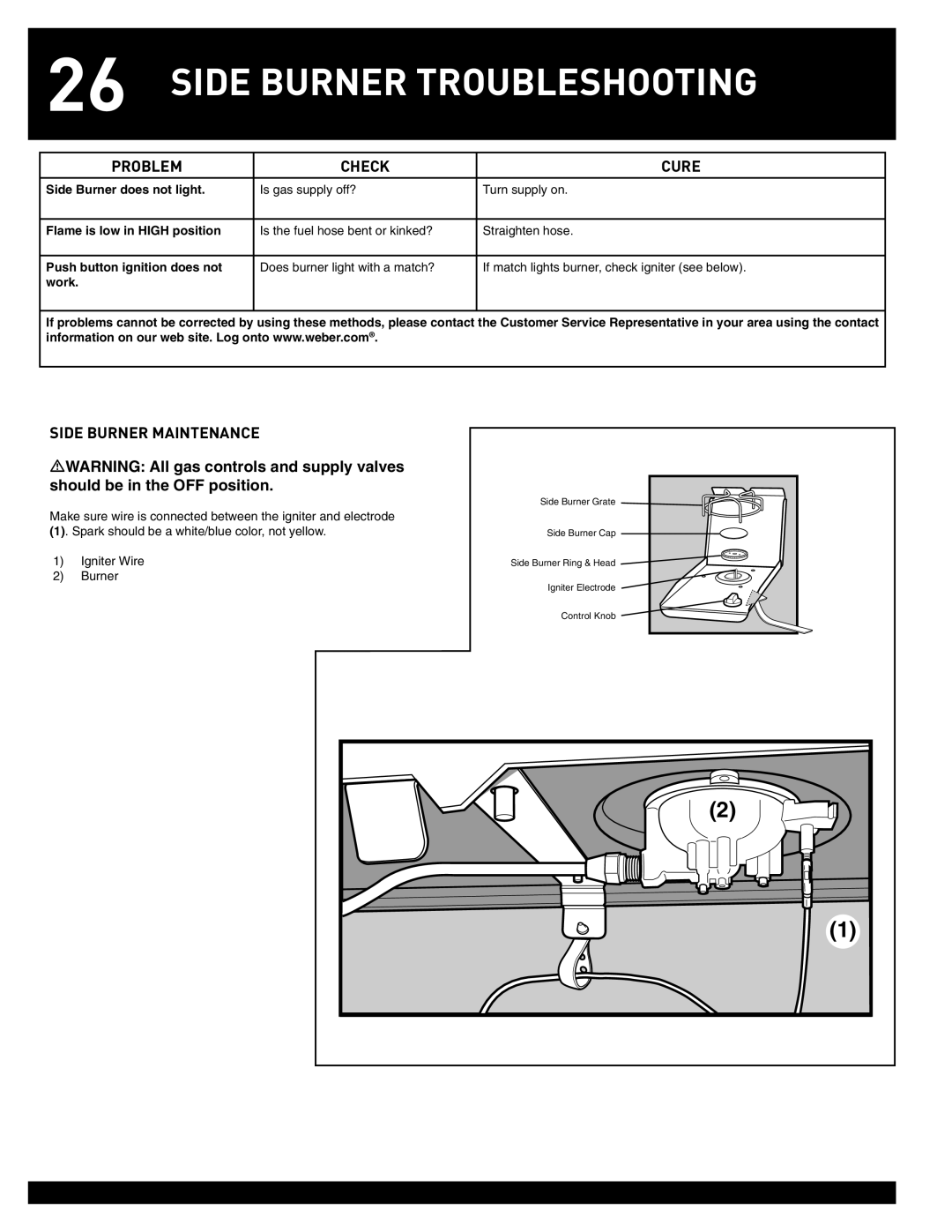 Weber Summit Gas Griill, 38050 manual Side Burner Troubleshooting, Side Burner Maintenance 