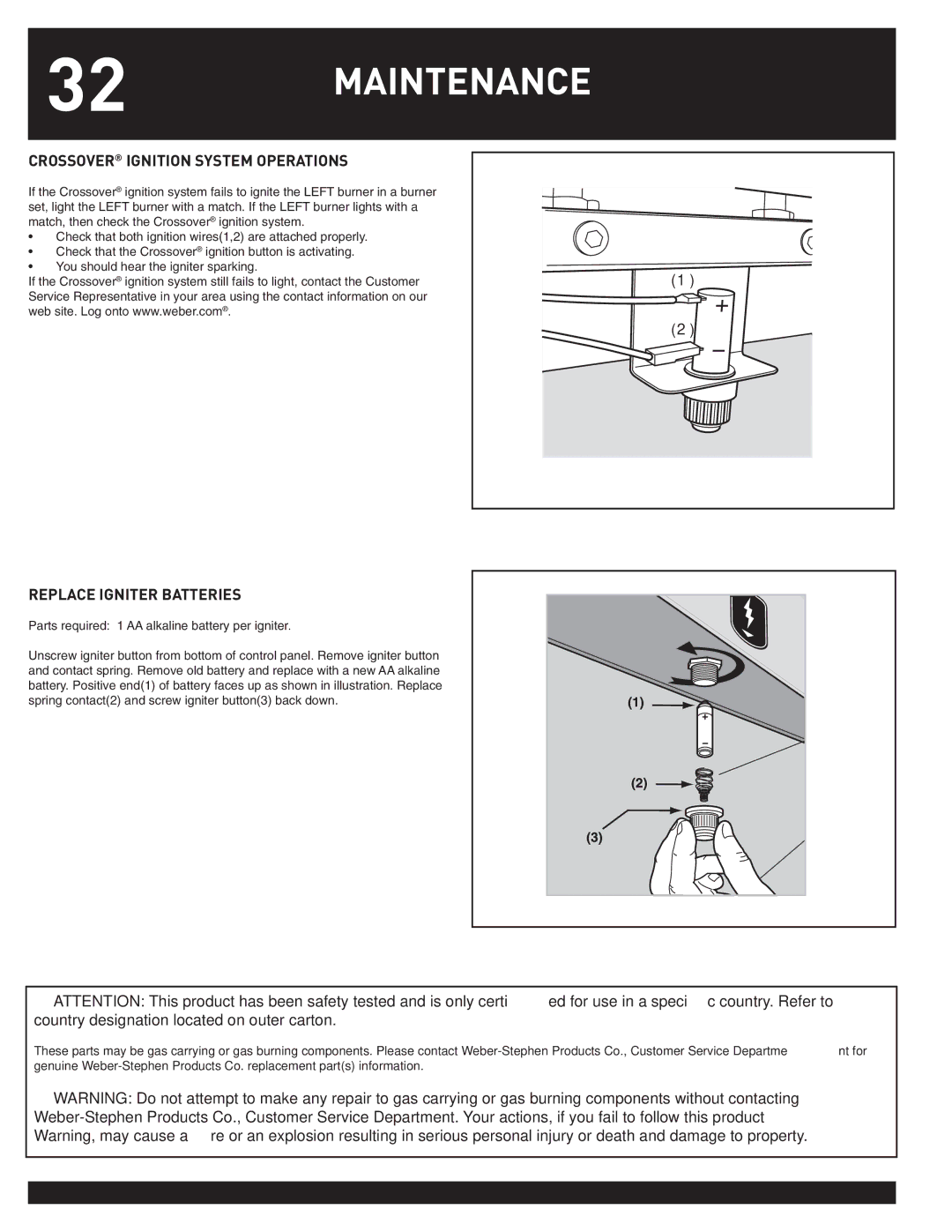 Weber Summit Gas Griill, 38050 manual Crossover Ignition System Operations, Replace Igniter Batteries 