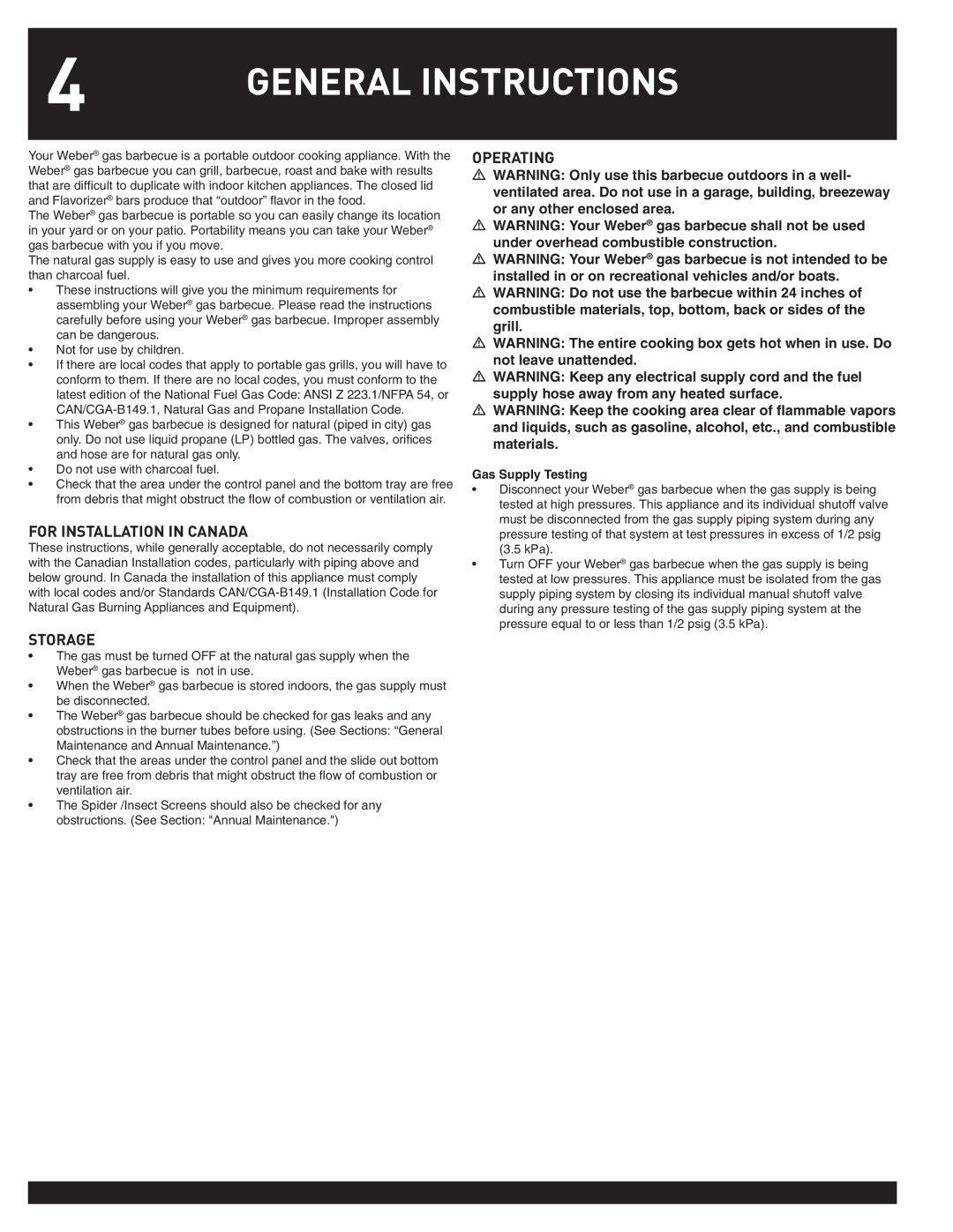 Weber Summit Gas Griill, 38050 General Instructions, For Installation in Canada, Operating, Storage, Gas Supply Testing 