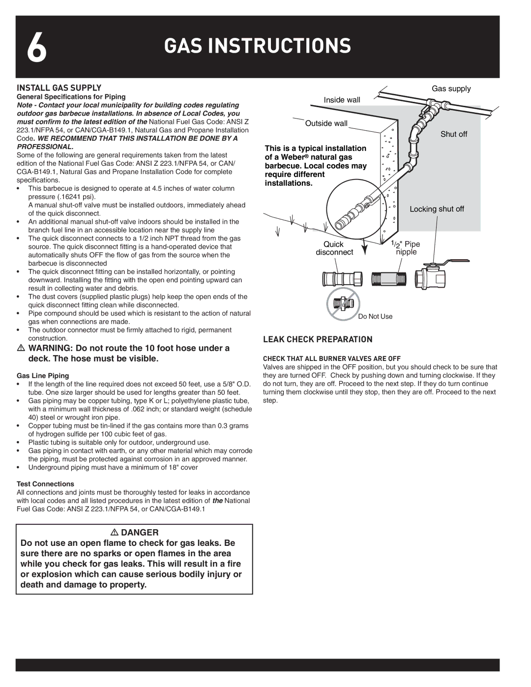 Weber Summit Gas Griill Install GAS Supply, Leak Check Preparation, General Speciﬁcations for Piping, Gas Line Piping 