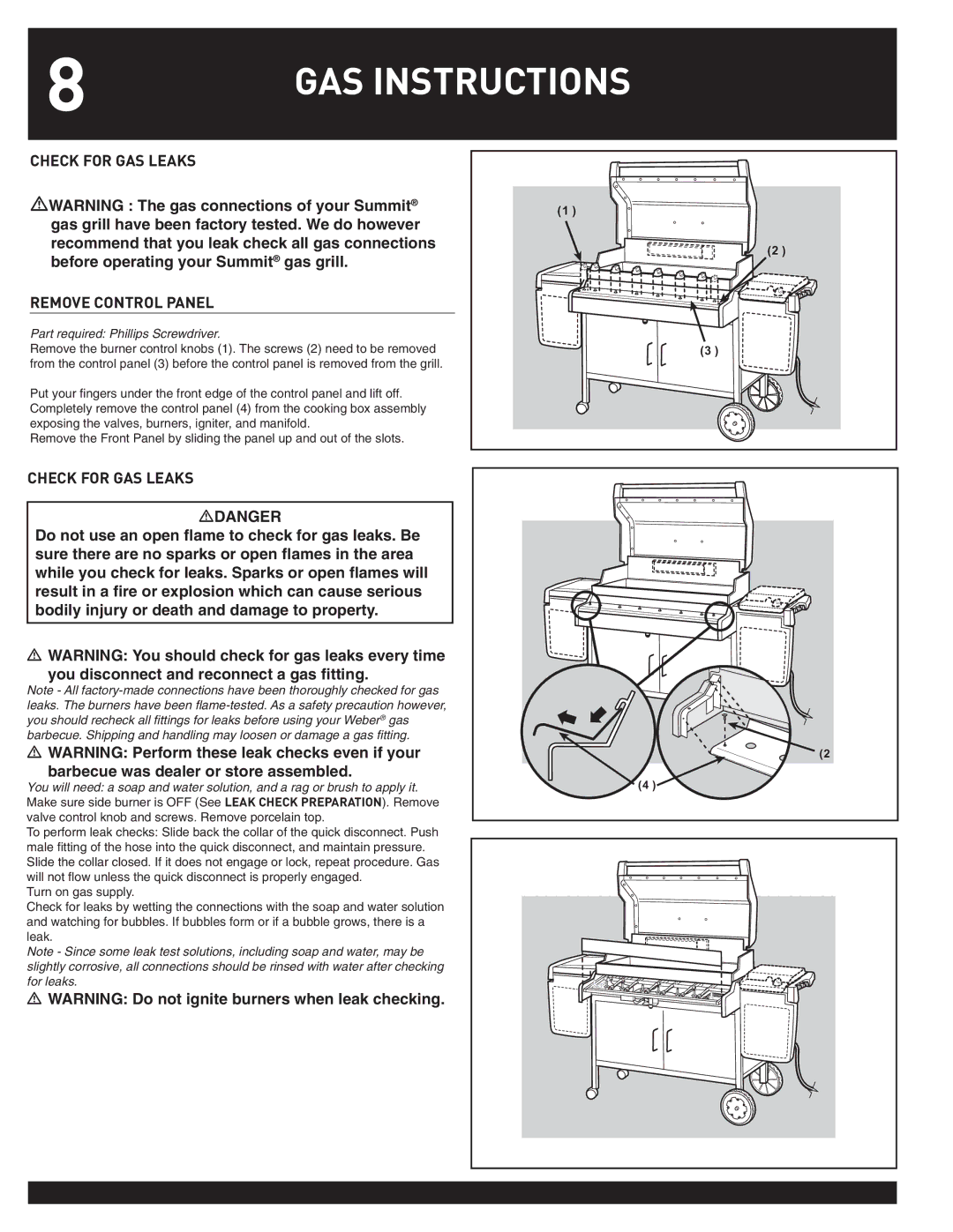 Weber Summit Gas Griill, 38050 manual Check for GAS Leaks Remove Control Panel 