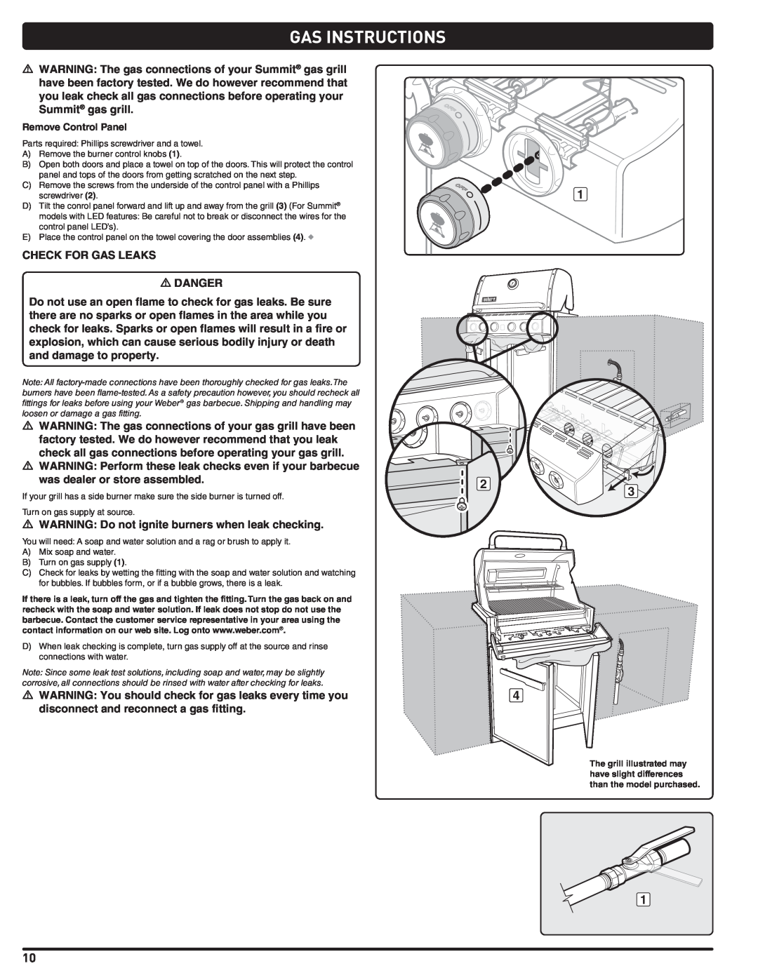 Weber Summit Gas Grill, 56576 manual Gas Instructions, CHECK FOR GAS LEAKS m DANGER 