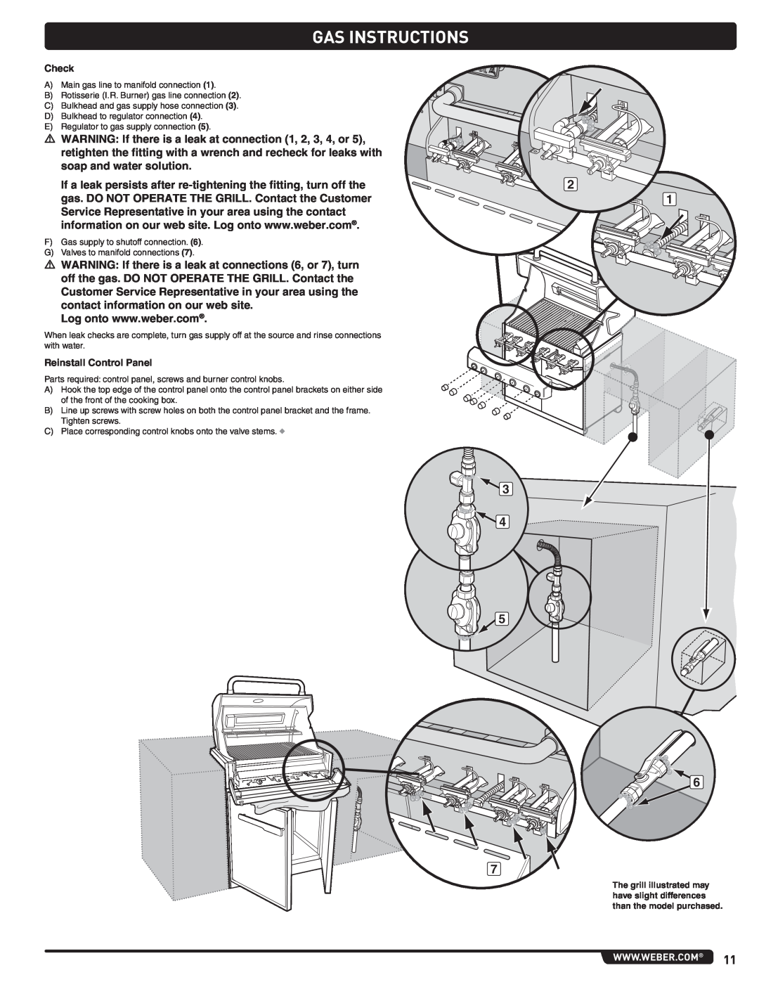 Weber 56576, Summit Gas Grill manual Gas Instructions, Check, Reinstall Control Panel 