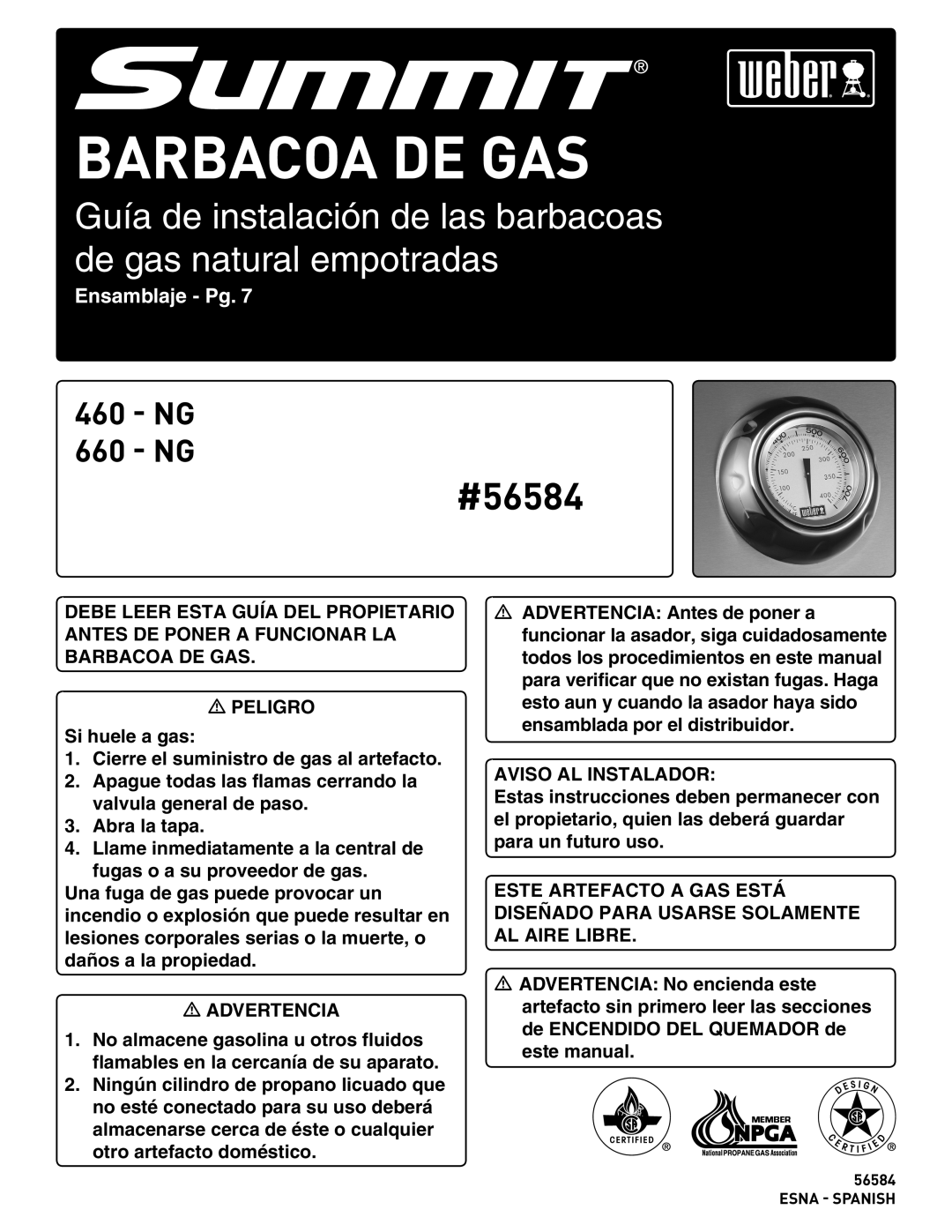 Weber 56576 manual Barbacoa de Gas, Guía de instalación de las barbacoas de gas natural empotradas, Ensamblaje - Pg, #56584 