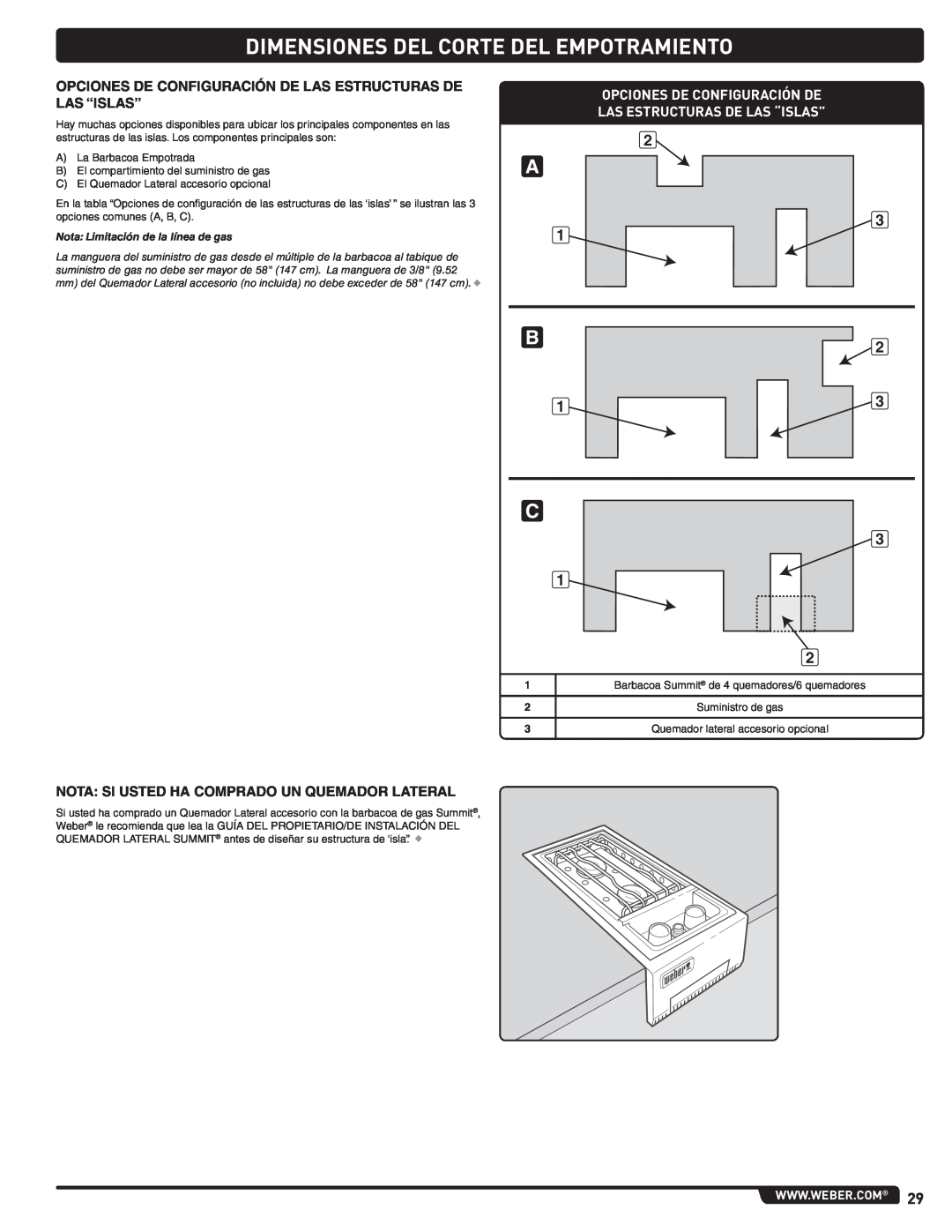 Weber 56576 manual Dimensiones Del Corte Del Empotramiento, Opciones De Configuración De Las Estructuras De Las “Islas” 