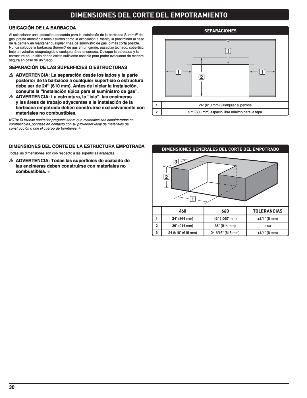 Weber Summit Gas Grill, 56576 manual Dimensiones Del Corte Del Empotramiento, Ubicación De La Barbacoa, Separaciones 