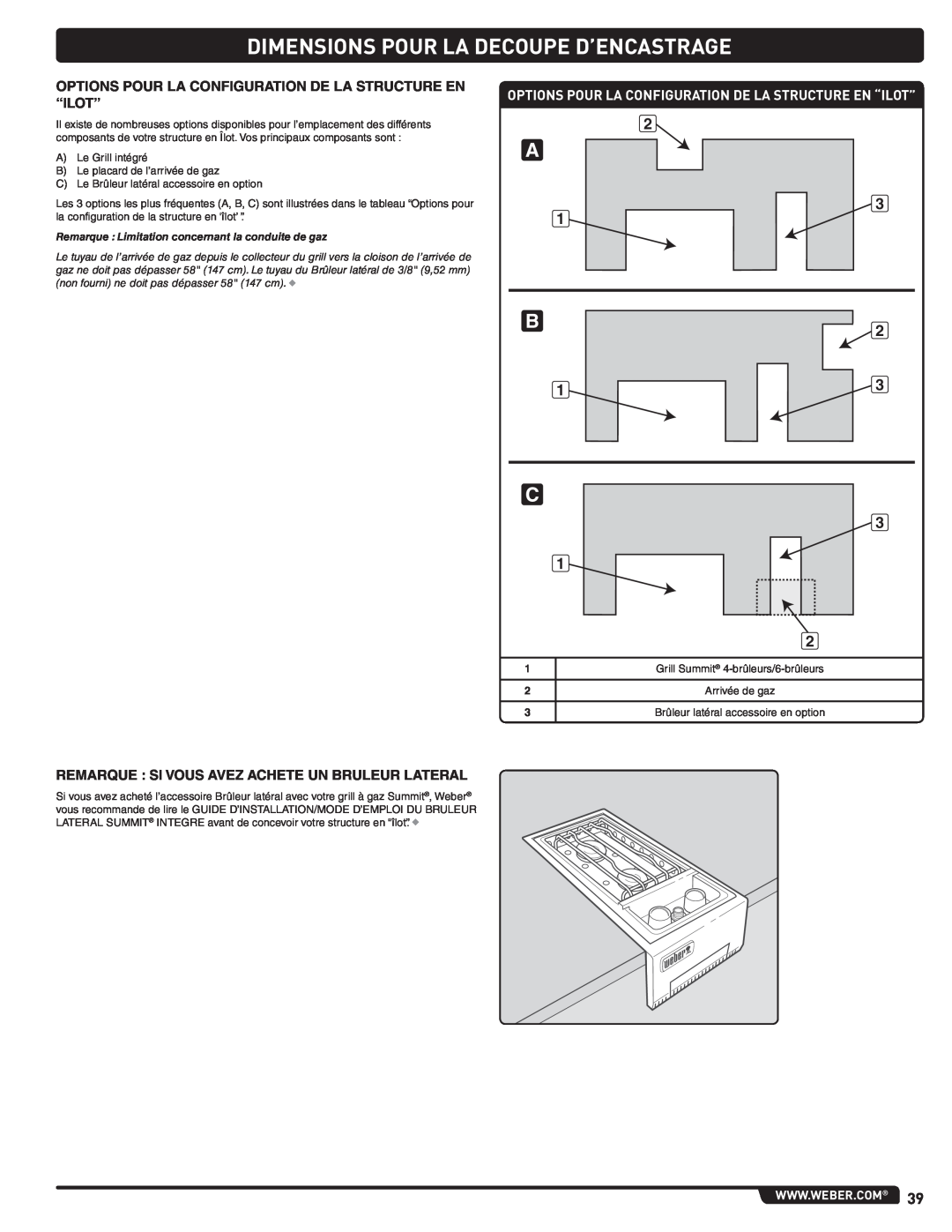 Weber 56576 manual Dimensions Pour La Decoupe D’Encastrage, Options Pour La Configuration De La Structure En “Ilot” 